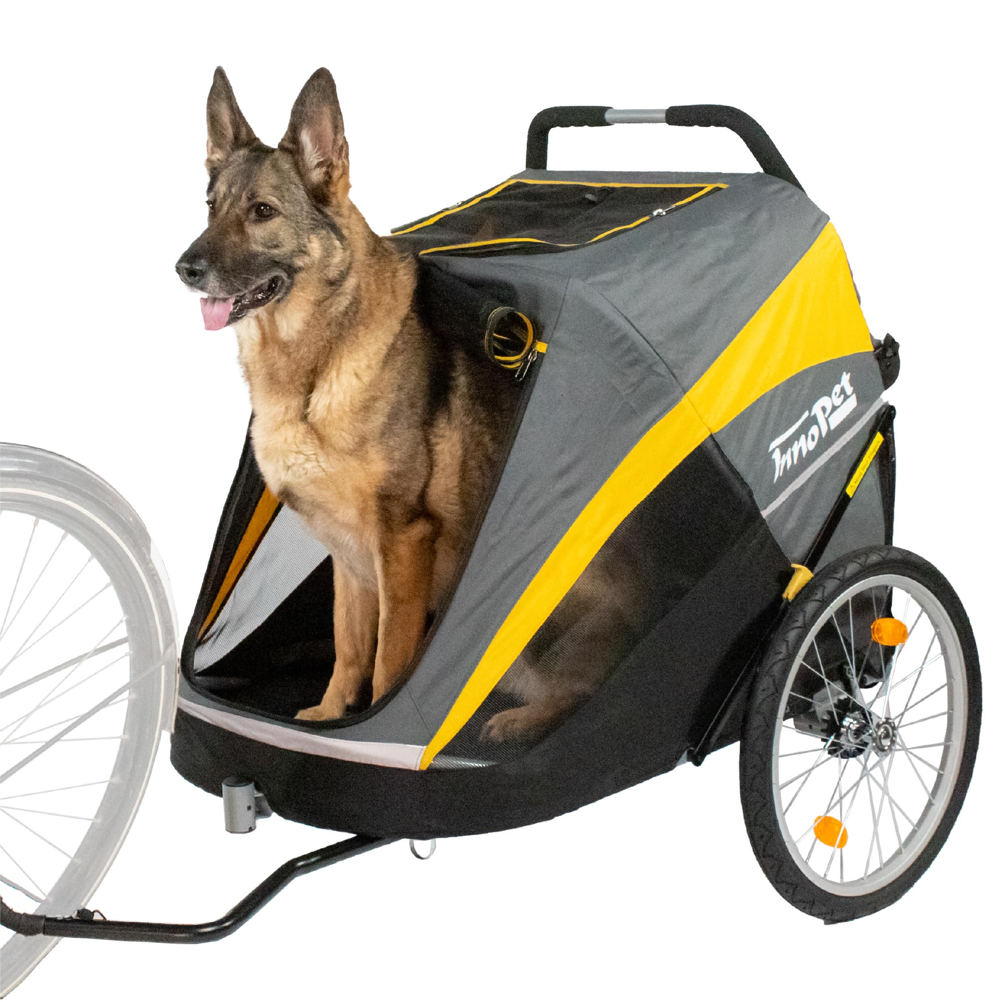 InnoPet Hercules 2 en 1 Cochecito y Remolque para Perros Amarillo Gris con Barra para Bicicleta, Ruedas de Aire de 20 Pulgadas, Estructura Robusta e Incluye Funda para Lluvia