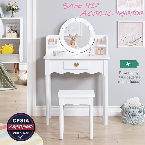 Miniatura 6 de UTEX Vanidad para niños, juego de tocador para niñas con espejo, taburete y luces, juego de mesa y silla de tocador para niños, mesa de tocador