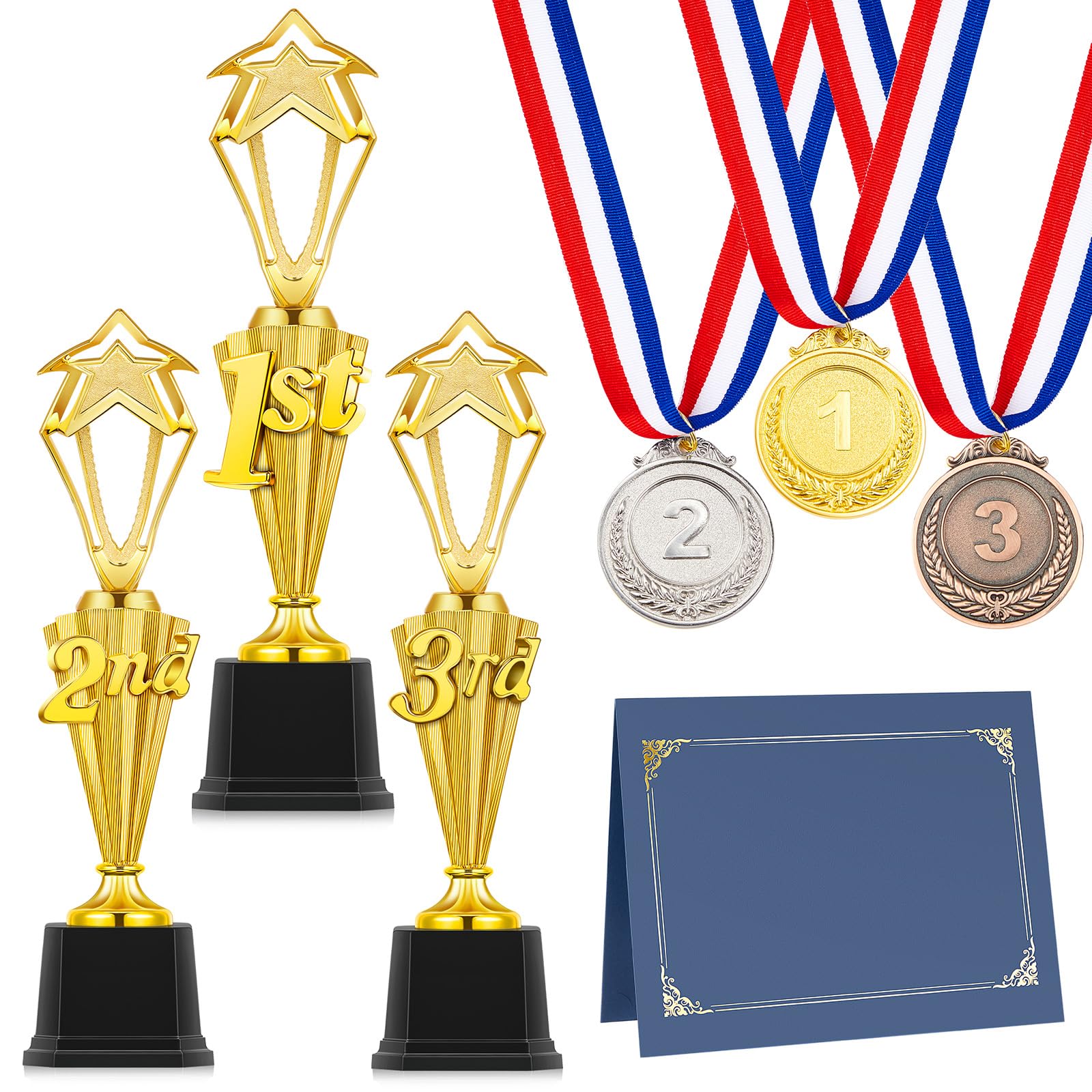 12 Pcs Trophy Award Set 3rd 2nd 1st Place Trophy 3 Award Medals in Gold Silver Bronze 3 Certificate Holders with Pages for Sports Basketball Soccer Competitions Reward Ceremony