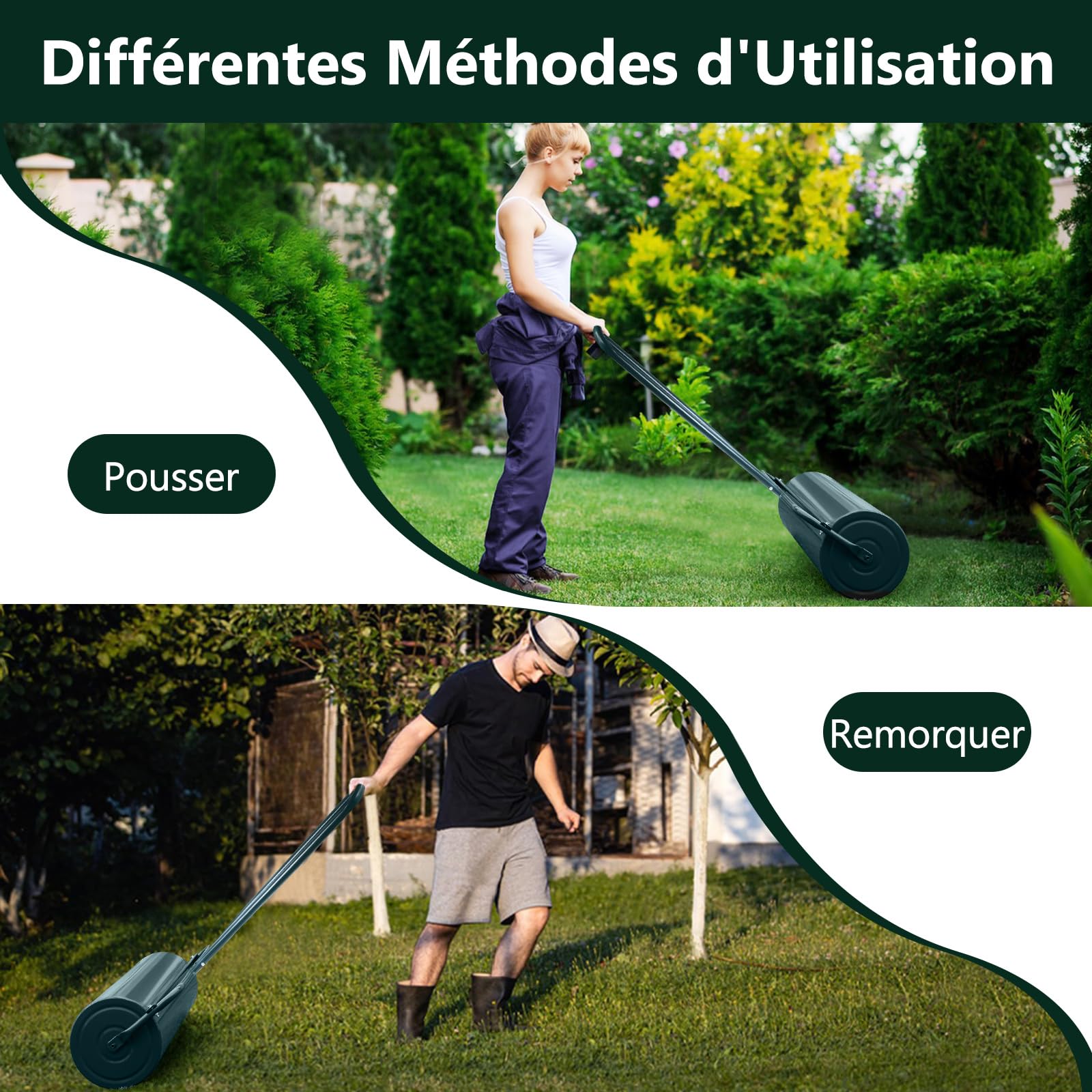 RELAX4LIFE Rouleau à Gazon avec Réservoire pour Le Jardin, Construction en Acier avec Pare-Boue, Volume de Remplissage de Sable ou l’Eau : 48 L, φ32cm, Largeur 65 CM, Hauteur : 114 CM, Vert