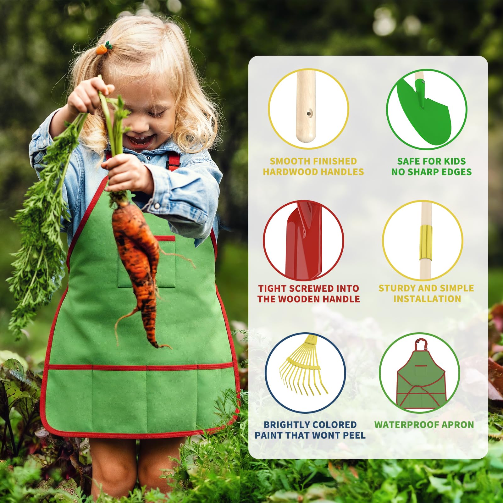 Qtioucp Brouette pour enfants avec outils de jardinage pour garçons et filles de 3 à 8 ans, avec pelle, râteau, râteau à feuilles, cadeaux d'anniversaire de Pâques