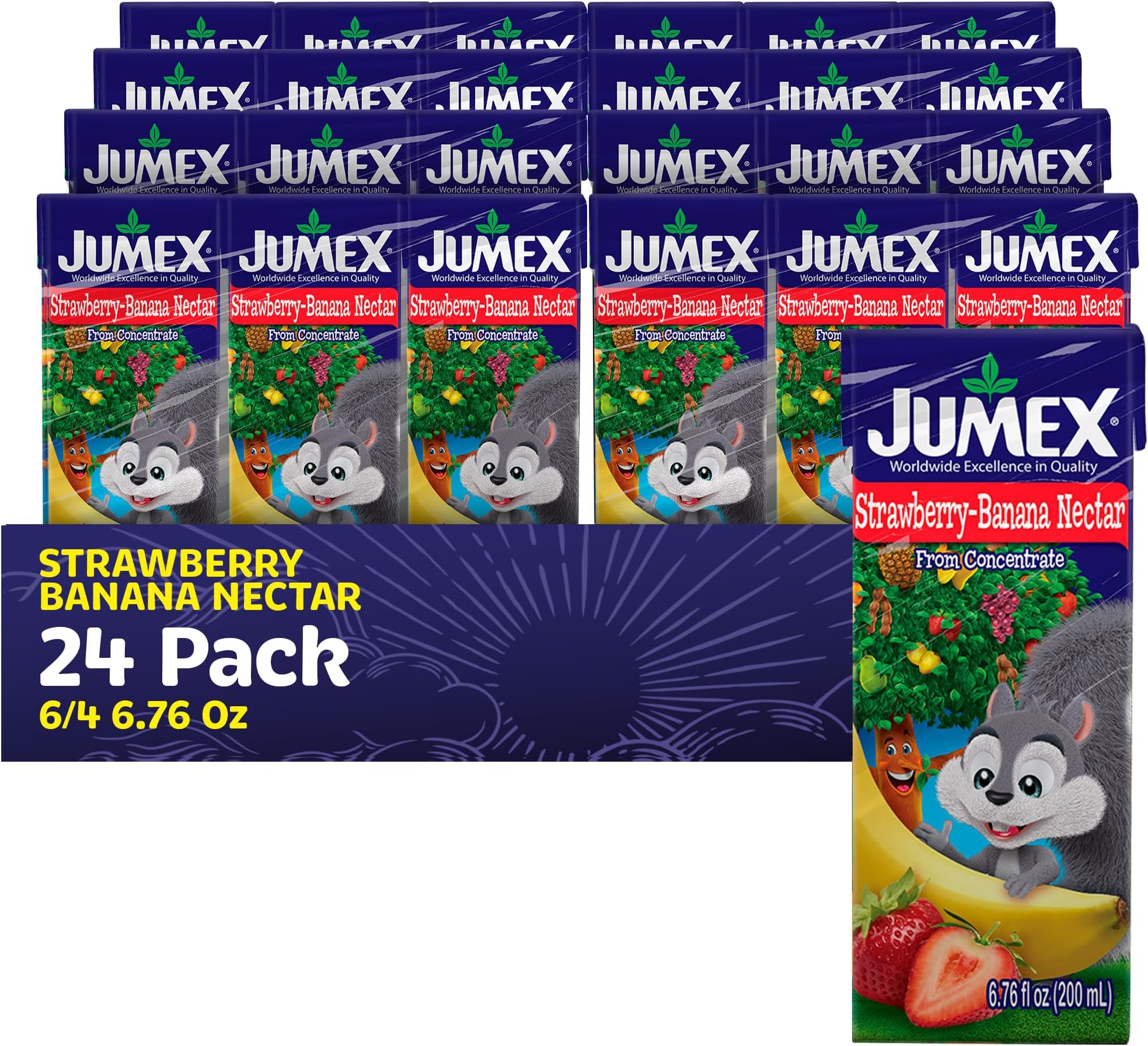 Jumex Strawberry Banana Nectar Juice Boxes for Kids - Fruit Juice Box with Straw - Mini Drinks for Kids - Made with Fresh Fruit Puree Concentrate - School Snacks & Smoothie Mix - 6.76oz, 24 Pack