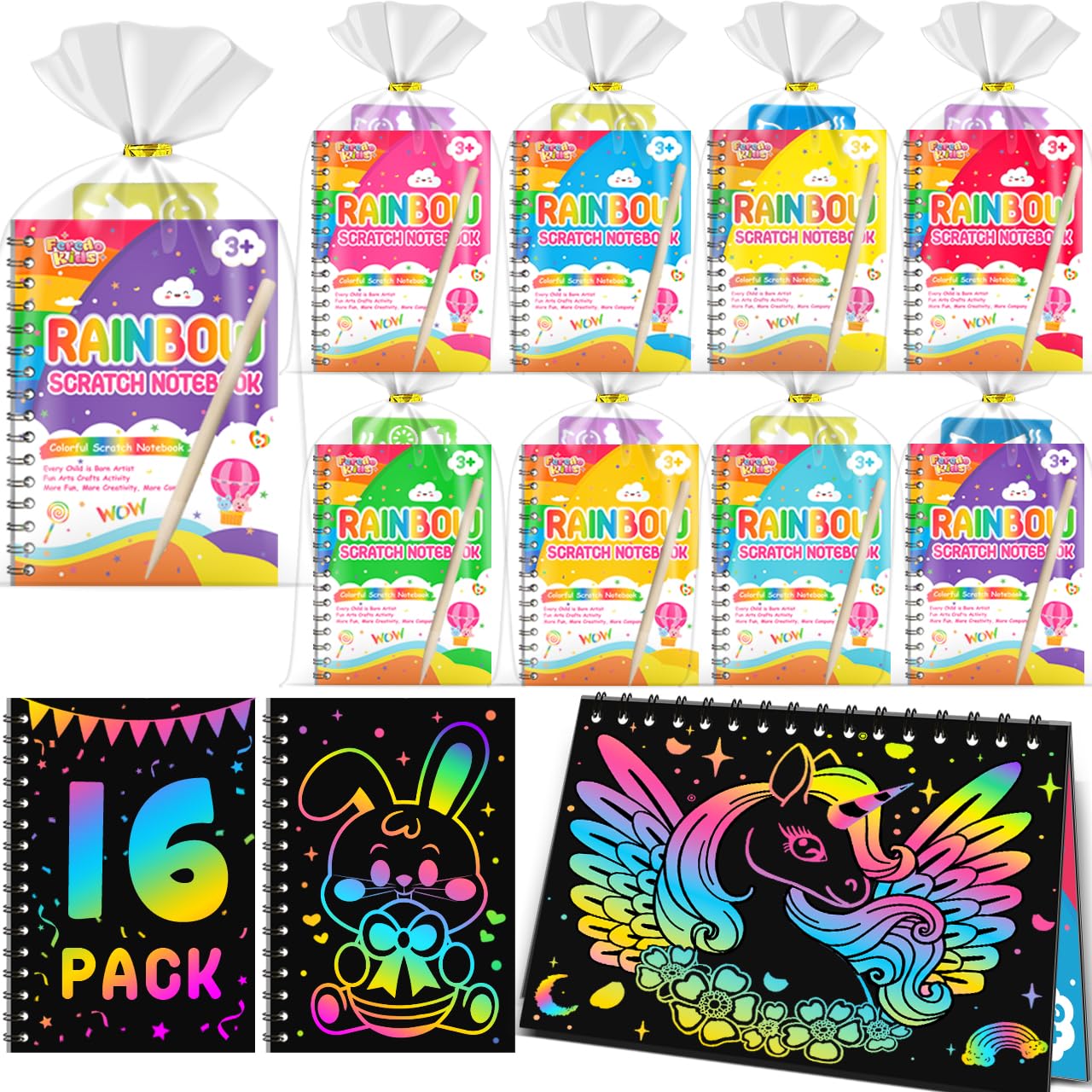Party Favors for Kids: 16 Pack Rainbow Scratch Art Notebook Students Classroom Gifts Bulk for Girls Boys Goodie Bags Stuffers, Return Gifts for Birthday Party Favors Bulk Kids Crafts