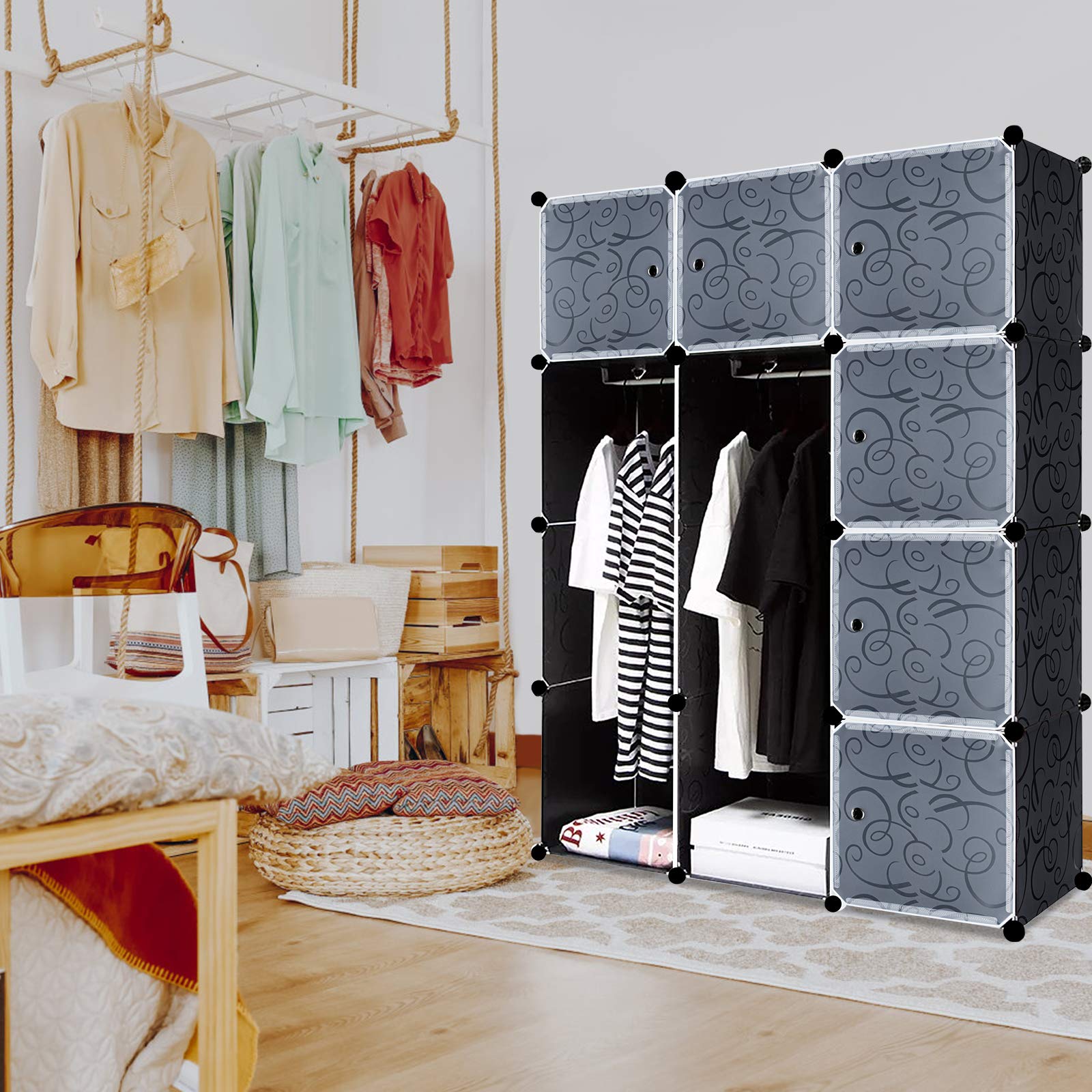 YUENFONG Organisateur de penderie DIY Étagère Système d'étagères en plastique pour vêtements, chaussures, jouets et livres, noir (12 boîtes avec porte)
