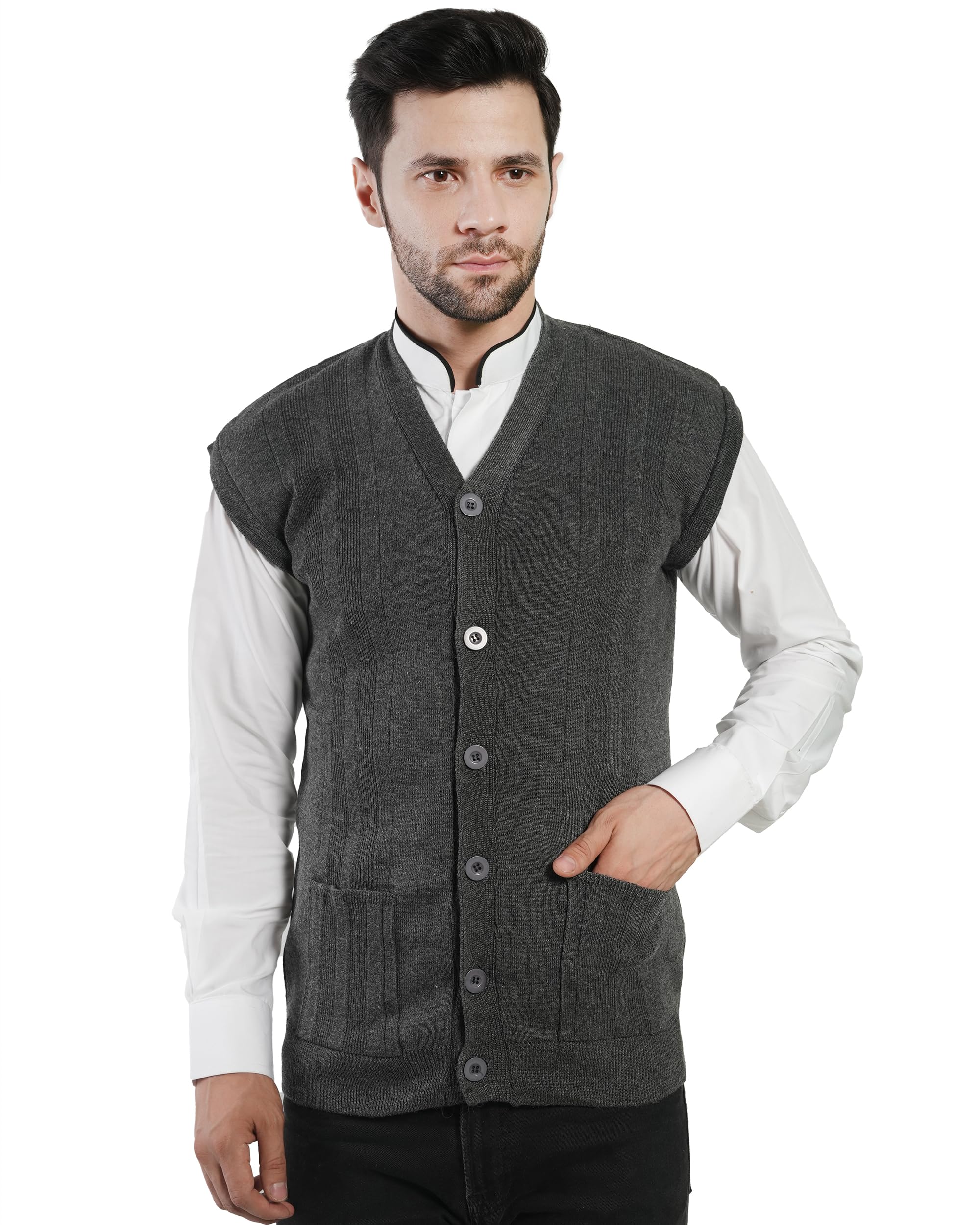 manra Men's Front Open Buttoned Sleeveless Solid Color Cardigan/Woolen Jacket/Waist Coat/Sweater with Pockets-picture-33