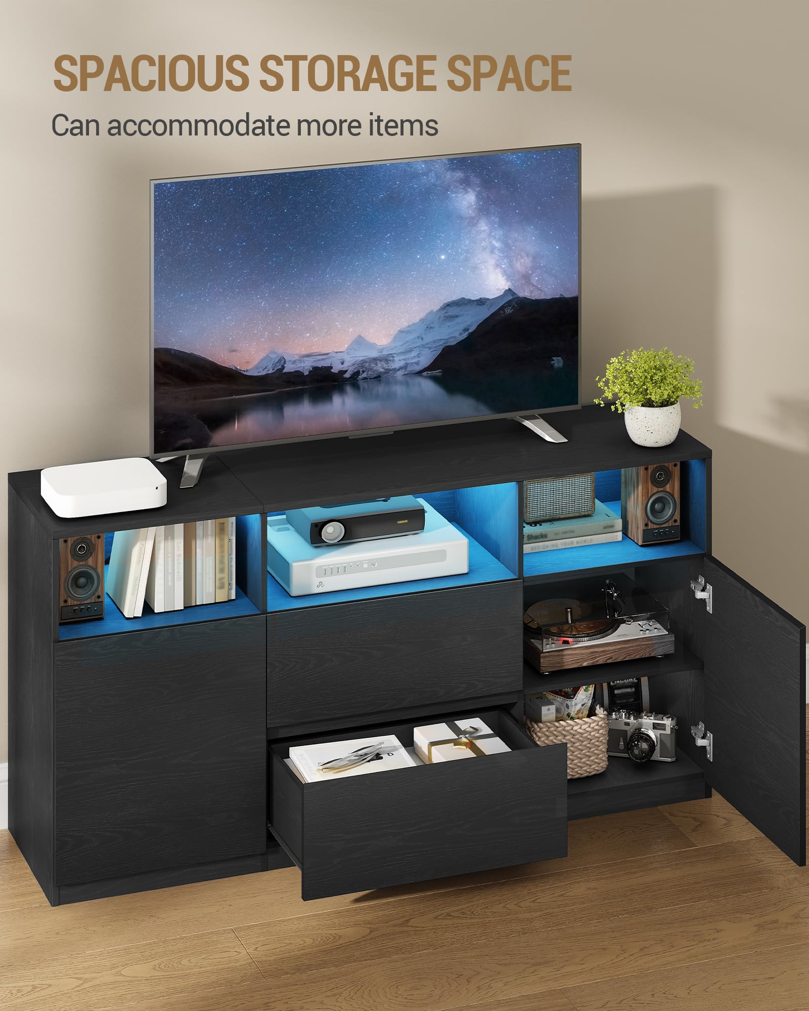 Hzuaneri Mueble de TV, con Luces LED, 147 x 40 x 76 cm, Negro | Mesa de TV de hasta 65 Pulgadas, 2 Cajones, 2 Gabinete y 3 Compartimentos, para Salón, Dormitorio, TV17004XEU