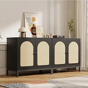 GarveeHome Rattan Sideboard Buffet Cabinet Set of 2, Boho Accent Kitchen Storage Liquor Bar Console Cabinet with Adjustable Shelf for Living Room, Hallway, Black