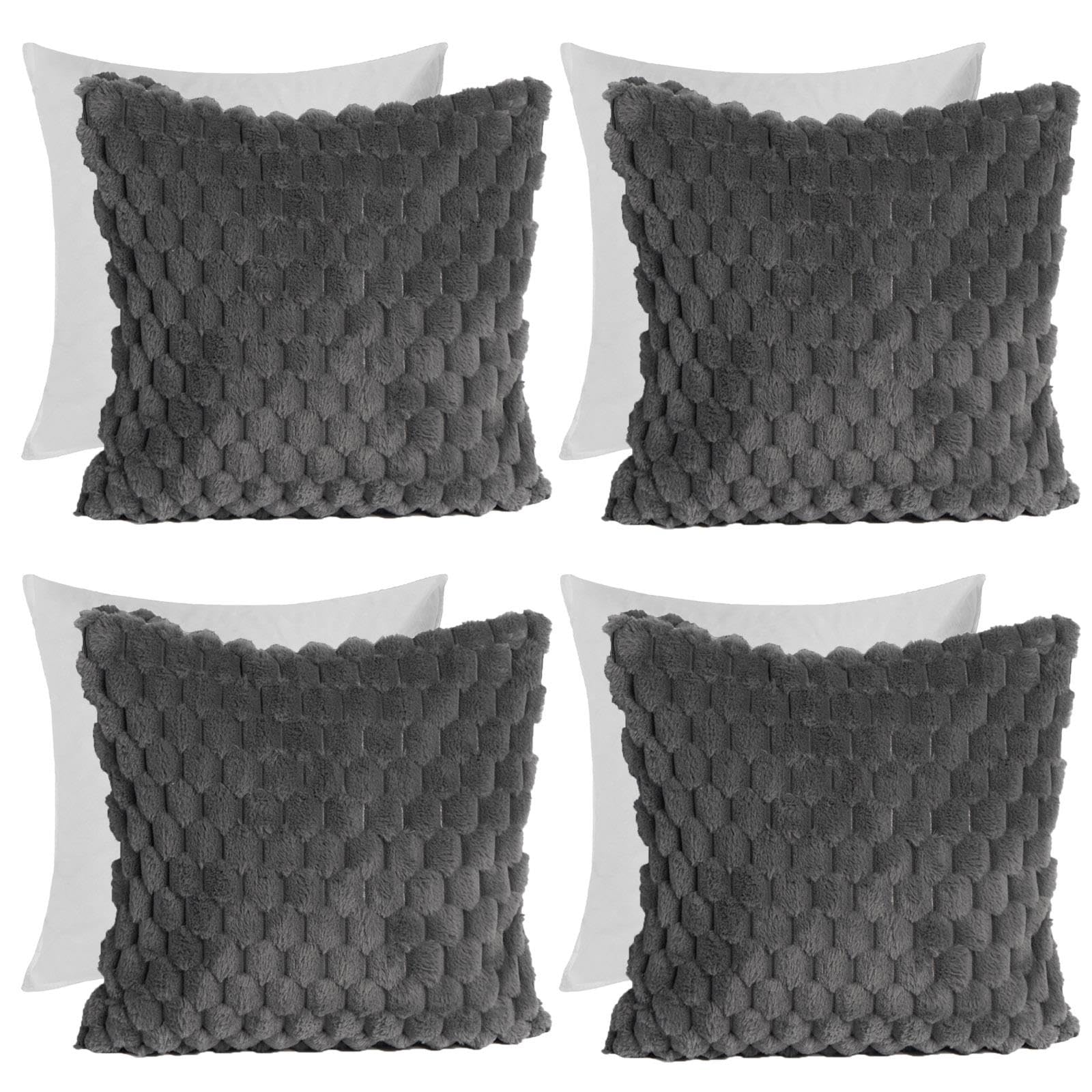 Ohs Charcoal Grey Waffle Faux Fur Cushions With Covers Included, Filler Cushion Inserts Sofa Cushions Throw Pillow Ultra Soft Comfy Living Room Lounger Cushions, Set Of 4