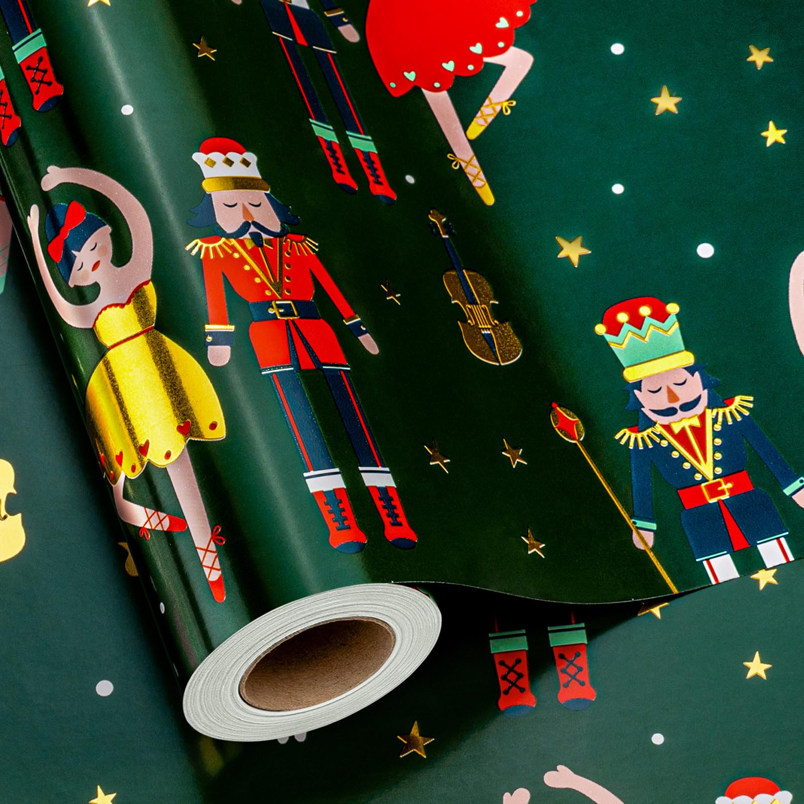 MAYPLUSS Christmas Wrapping Paper Roll - 17 Inch X 33 Feet - Vintage Metallic Foil Green and Gold Nutcracker Ballet Holiday Present Gift Wrap Paper for Christmas, Party, Winter Festive Celebrations โ image 1