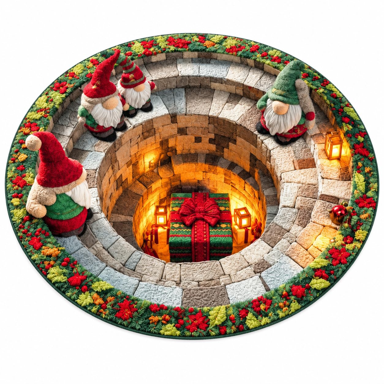 Optische Illusion Weihnachtsmatte Wichtel am Steinkamin, 160 cm (63 Zoll)