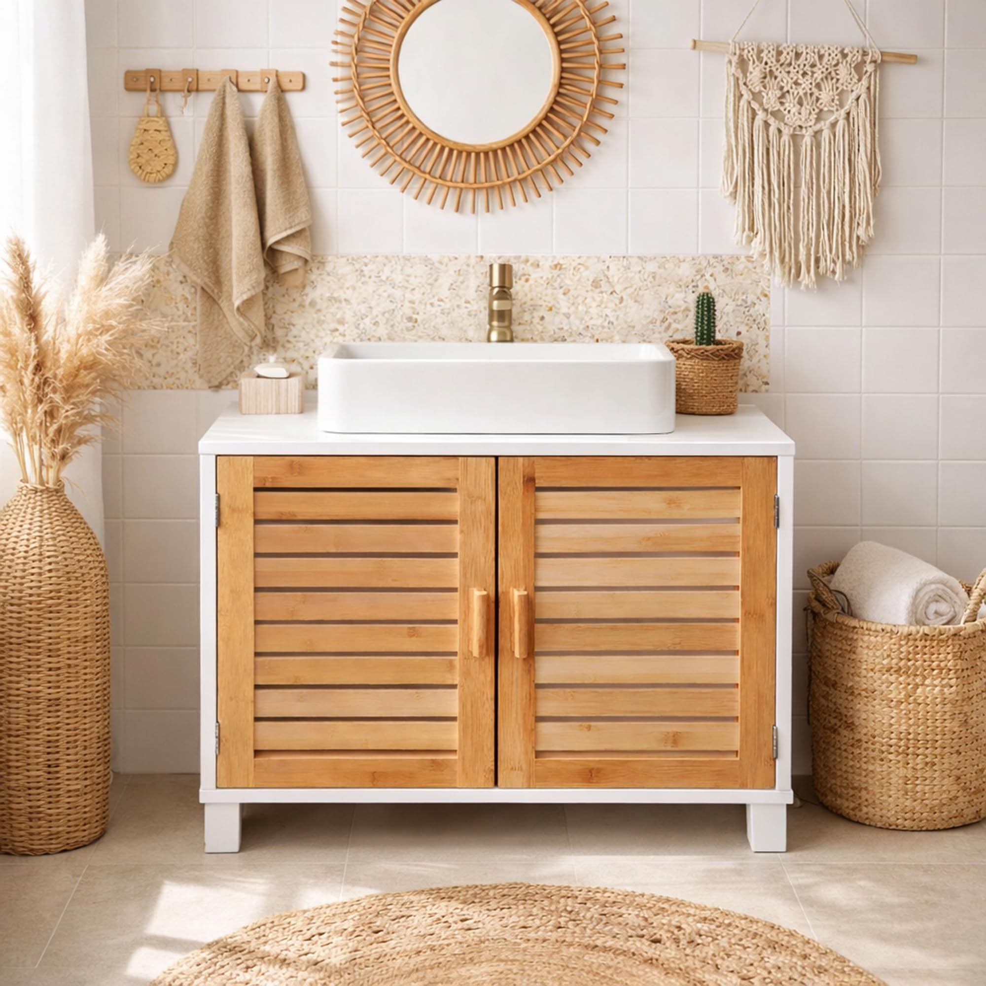 osoltus Bad Waschbecken Unterschrank Kopenhagen | MDF wei und Bambus Holz  | Unterschrank fr Badezimmer - 60 x 30 x 60 cm (B x T x H) : Amazon.de: ...