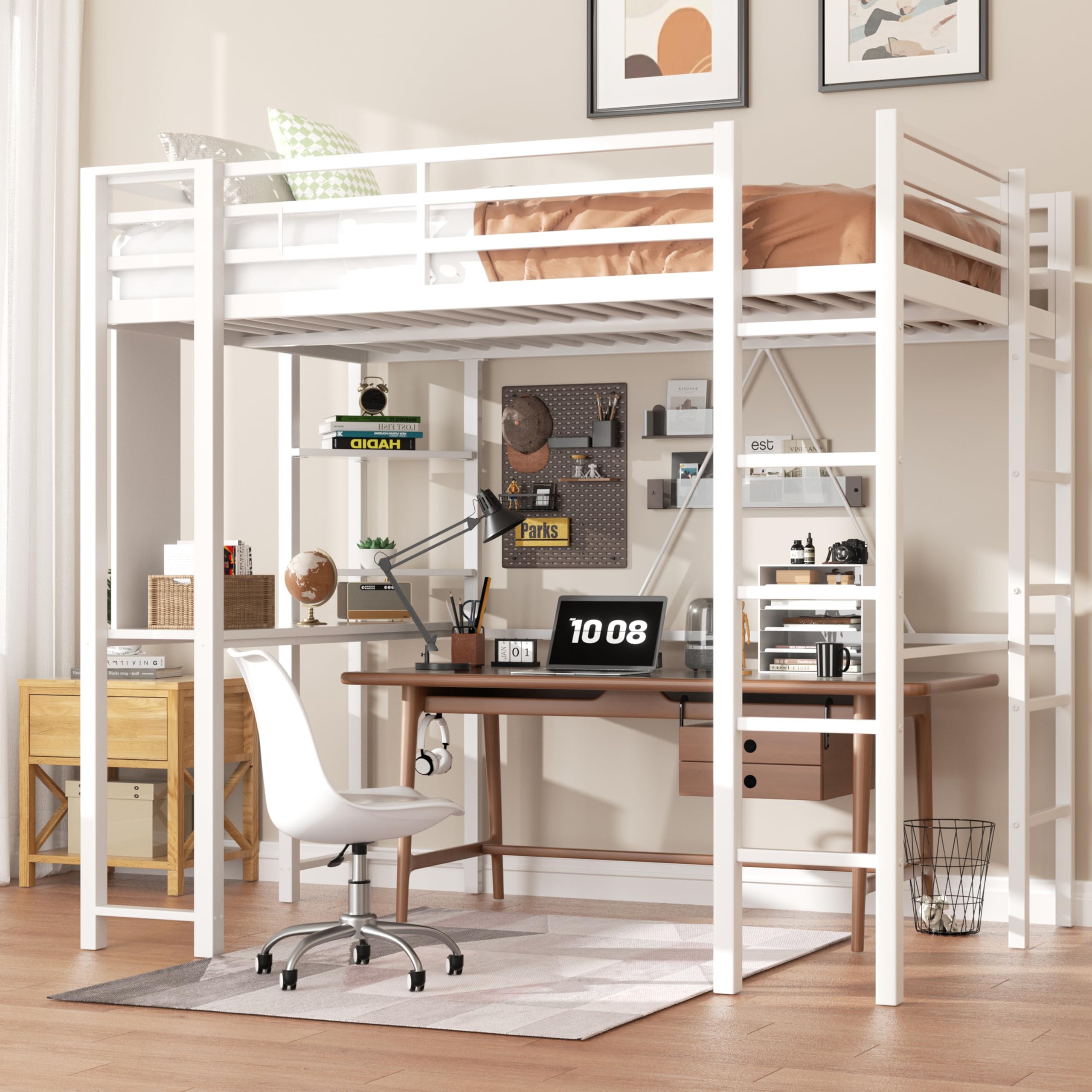 Shintenchi Loft Bed Twin Size with Desk and Storage Shelves, Frame with 2 Side Ladders for Kids, Teens Adults, Spcace-Saving Noise-Free and Anti-tilt