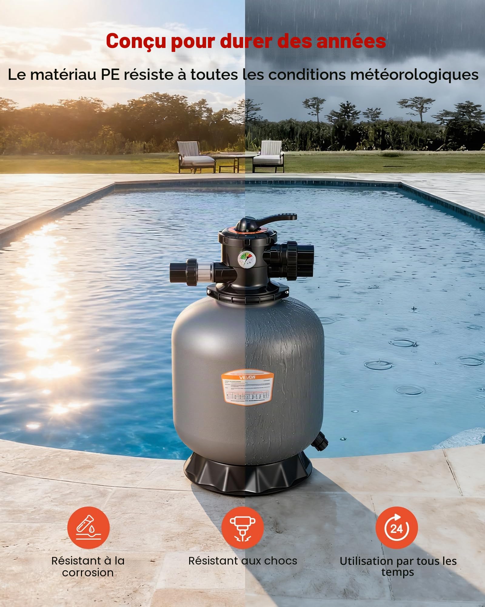 VEVOR Filtre à Sable 45,2 cm Filtre à Sable Piscine 151,4 L/Min pour Piscine Hors Sol Creusée, Vanne à 7 Voies, Filtration, Lavage à Contre-Courant, Rinçage, Recirculation, Vidange, Hivernage, Fermé