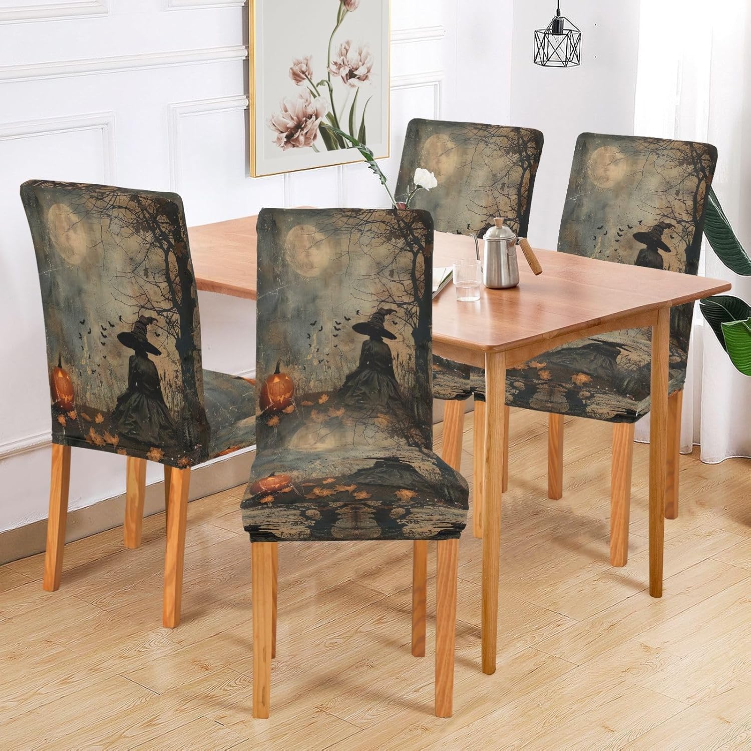 Kigai Halloween Pumpkin Witch Seat Covers for Dining Room Chairs Stretch Printed Chair Seat Covers Set of 4，Removable and Washable Chair Seat Cover for Kitchen, Hotel, Office