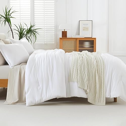 Miniatura 7 de Litanika - Juego de edredón de tamaño king, 3 piezas, color blanco, ligero, unicolor, para todas las estaciones, esponjoso (edredón de 104 x 90