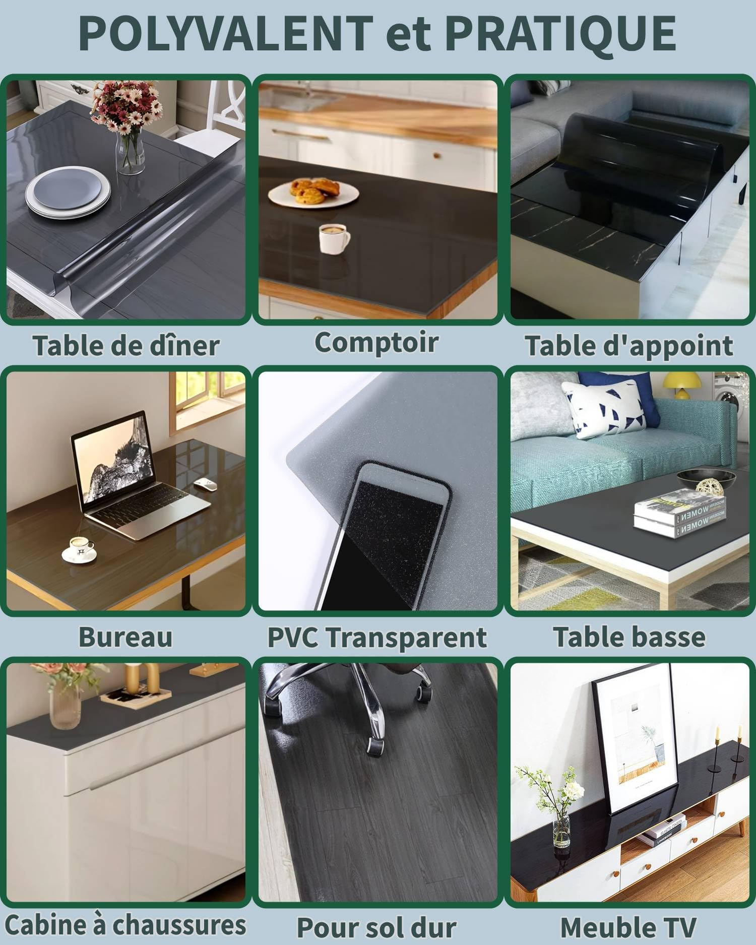 PVC Protege Table Transparent Noir 1,5mm - 100x120cm Nappe Transparente De Protection Étanche/Anti-glisse, Nappe Transparente Rectangulaire, Résist. Aux Rayures/Chaleur, Compatible Alimentaire