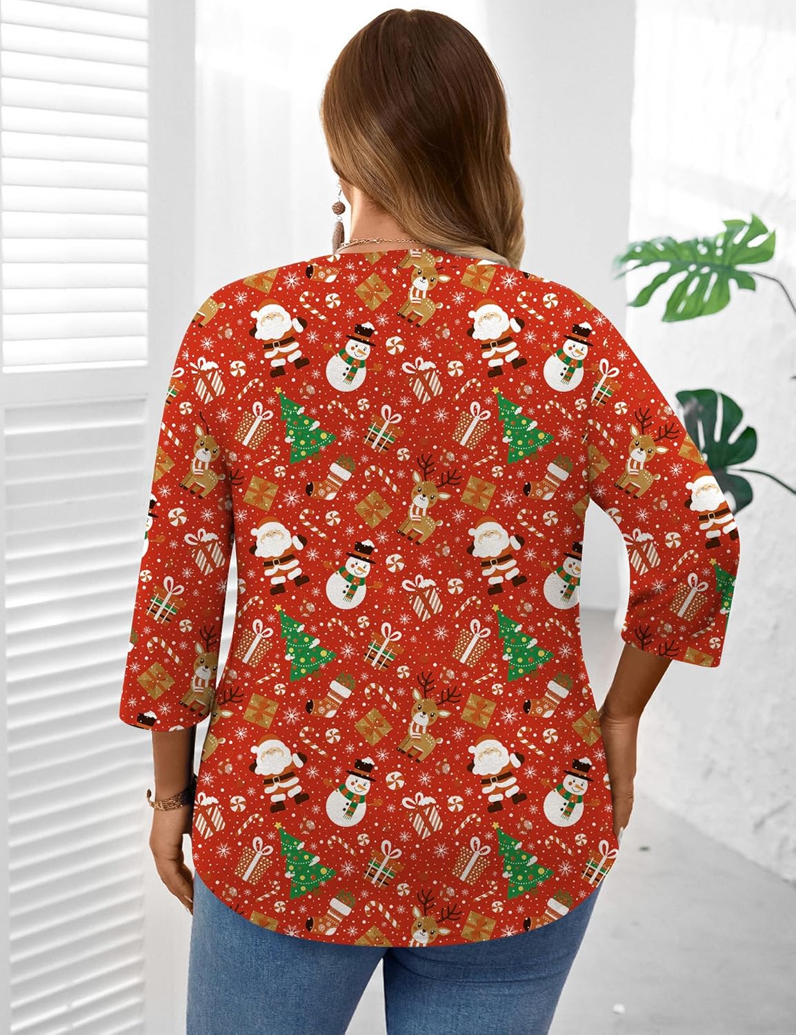 LOMON Plus Size Women Blouses 3/4 Length Sleeve Tops Crewneck Pleated Casual Tees Shirts 1X-5X - Image 4