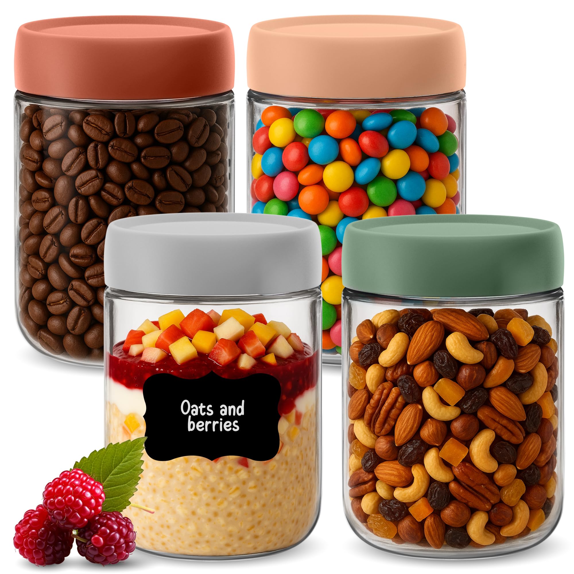 Heftman Grey, Green, Pink, Red Overnight Oats Jars With Lids - 4 Pack 500Ml Airtight Overnight Oats Jar, Food-Safe Glass, Colourful Screw Top Breakfast Pots With Lids For Yogurt, Chia Seed Pudding - 16.9Oz, Reusable (4 Pcs)