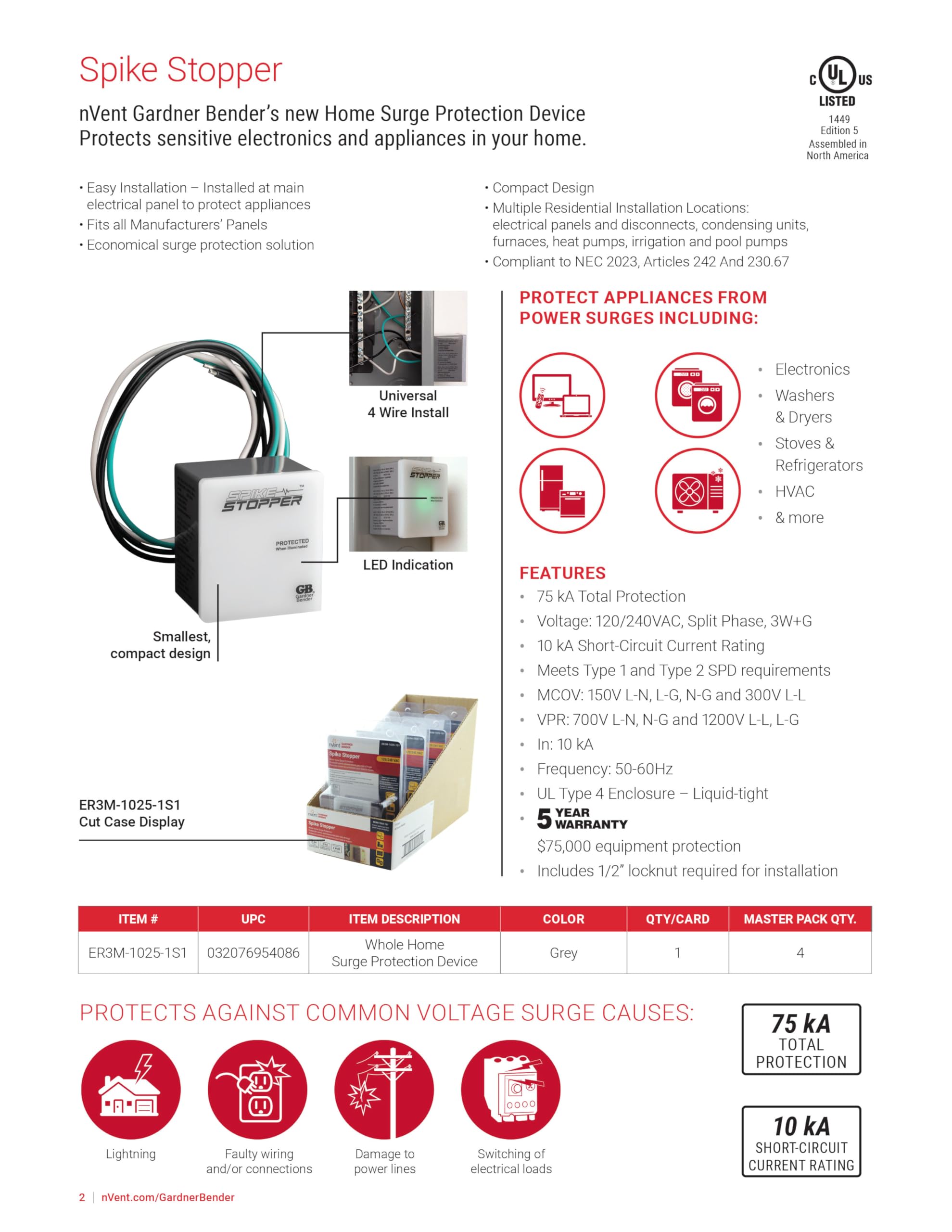 SpikeStopper Whole Home Type 1/Type 2 SPD Surge Protection Device to Protect Appliances from Power Surges with 75 kA Total Protection; Universal 4-Wire Installation; Compliant to NEC 2023