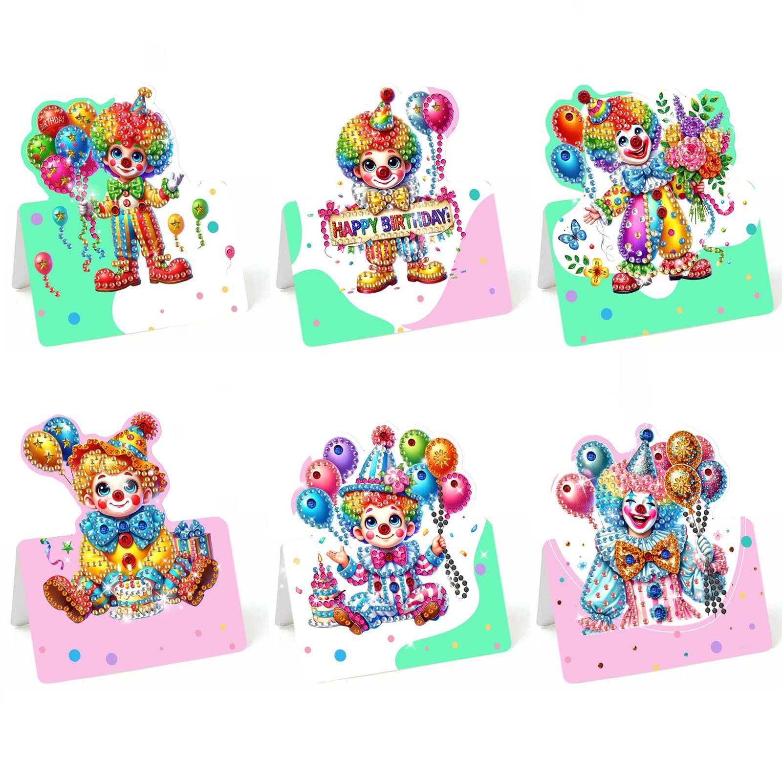 Lebartm 6Pcs 3D Folding Happy Birthday Greeting Card DIY Diamond Art Painting Foldable Thank You Cards with White Envelopes Blessing Greeting Card Set for Festival Holiday-Clown