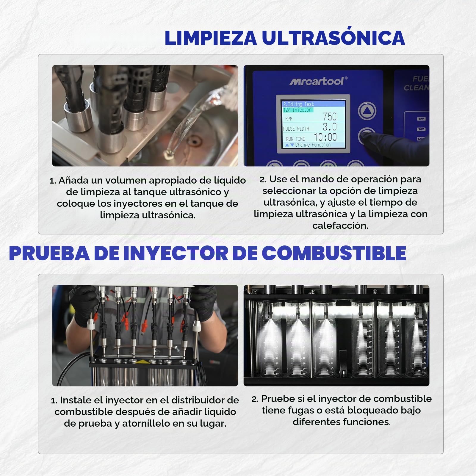 MR CARTOOL V310 Equipo Limpiador y Probador de Inyectores de Combustible, Kit de Limpieza Ultrasónica 110V/220V con 6 Cilindros para Inyectores Estándar GDI/EFI/FSI de Diésel y Gasolina