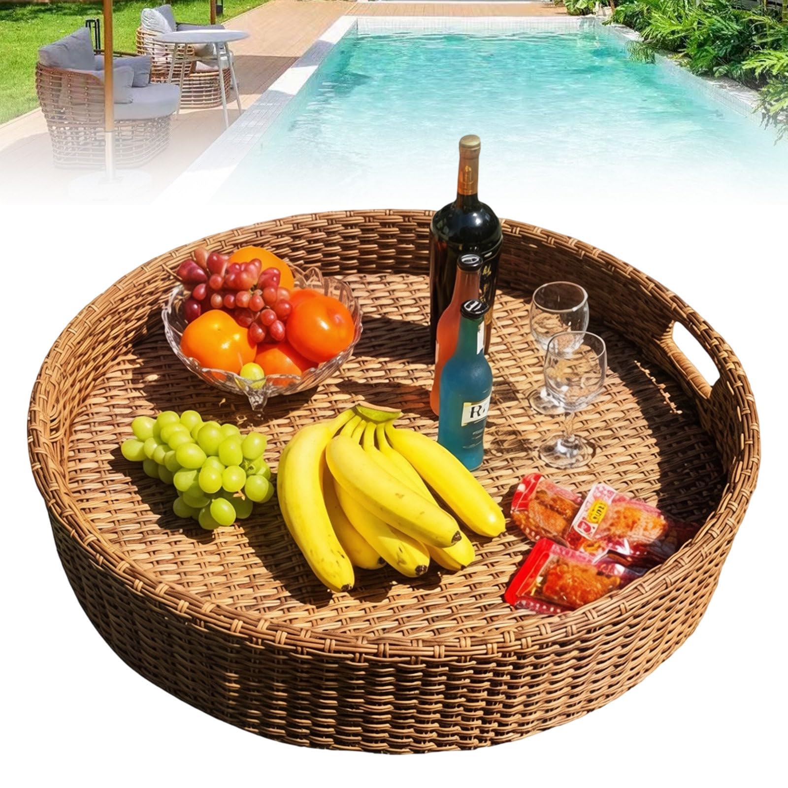 Bandeja redonda de ratán, diseño tejido con asas, ideal para desayunos, fiestas, spas, flotadores de piscina, 60 cm, decoración y uso práctico