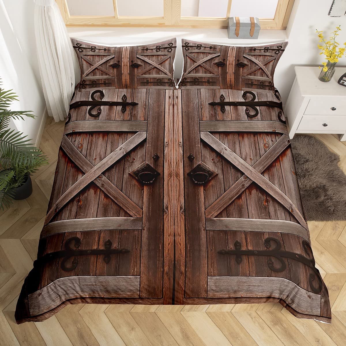 Castle Fairy Rustic Bedding Set,Wooden Barn Doors Duvet Cover for Kids Teen Boys Girls,Farm Farmhouse Comforter Cover Decorative Room,Retro Metal Quilt Cover with 2 Pillowcases,King Size(No Comforter)