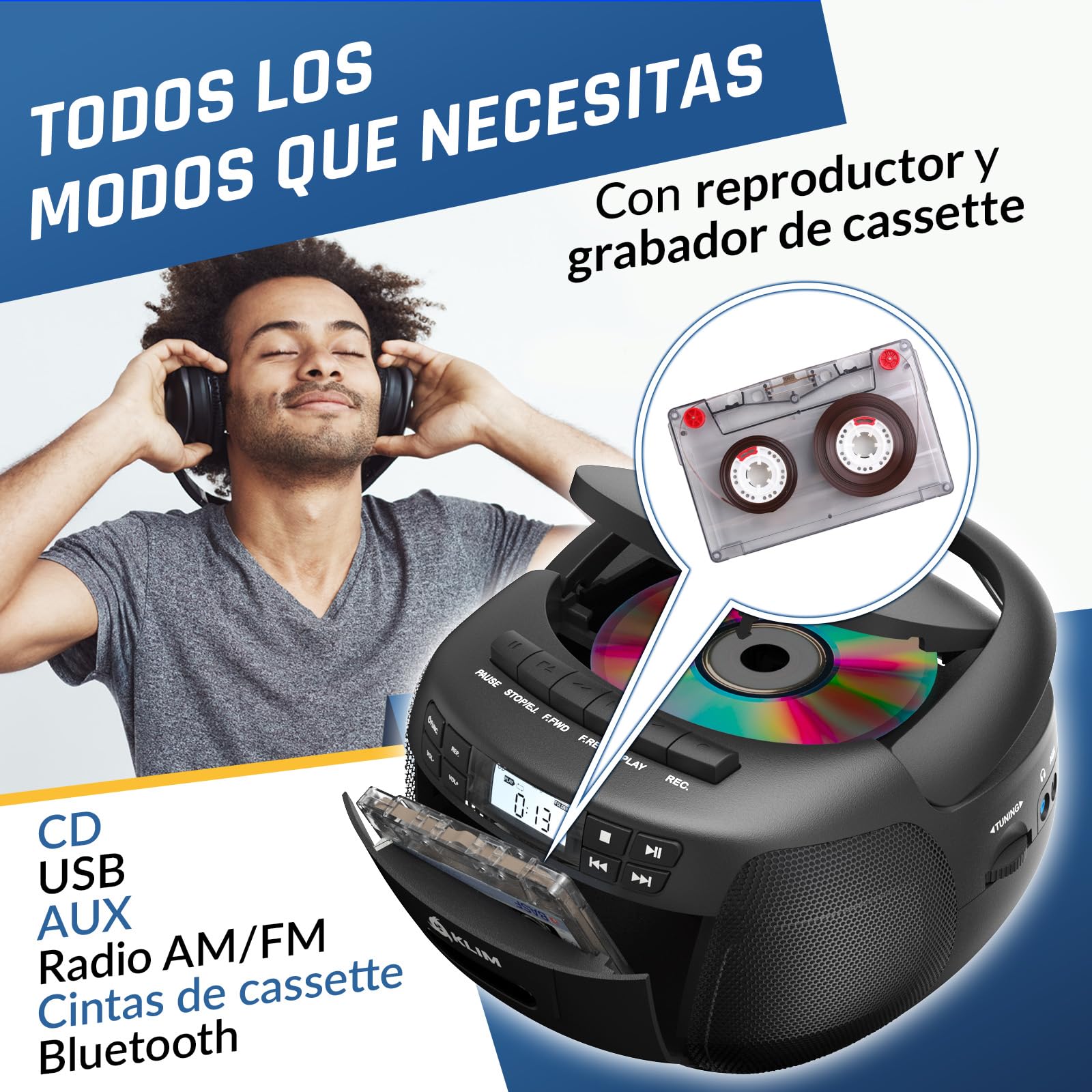 KLIM CD Player + Reproductor Cassette, Am/FM Radio y Bluetooth, Control Remoto, Radio Cassette y Grabación en Cinta, USB, AUX, Reproductor CD con Sonido Estéreo