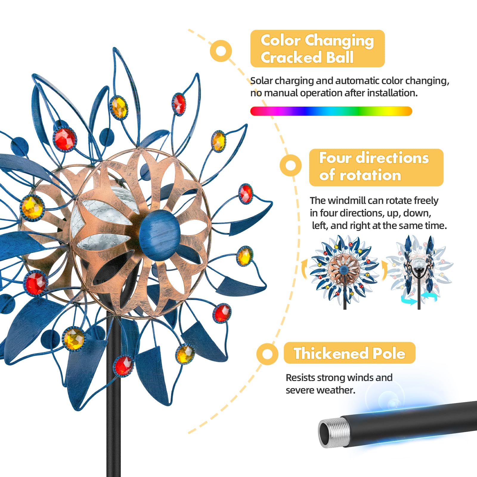 Solarbetriebene Windspinner-Skulptur aus Metall für Garten und Terrasse, Retro-Design