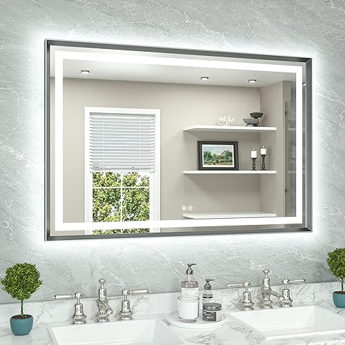 Miniatura 42 de TETOTE Espejo LED de baño de 24 x 32 pulgadas, marco de metal dorado cepillado frontal y retroiluminado, espejo de tocador antiniebla, regulable Oro