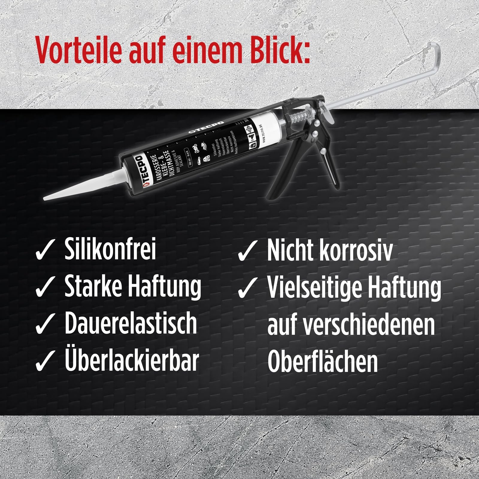TECPO Klebe- und Dichtmasse, 10x 370g schwarz Karosseriekleber mit Skelett Kartuschenpresse