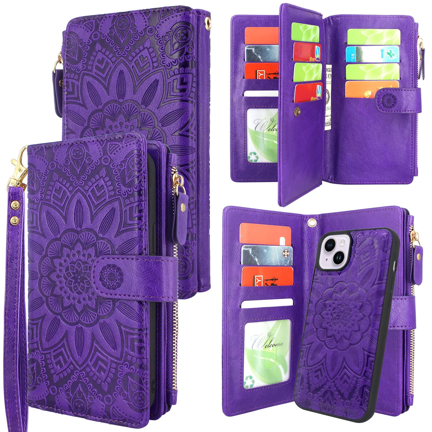 HarryshellCompatible with iPhone 14 Plus 6.7 inch 5G 2022 Wallet Case Detachable Magnetic Cover Zipper Cash Pocket Multi Card Slots Holder Wrist Strap Lanyard (Floral Purple)