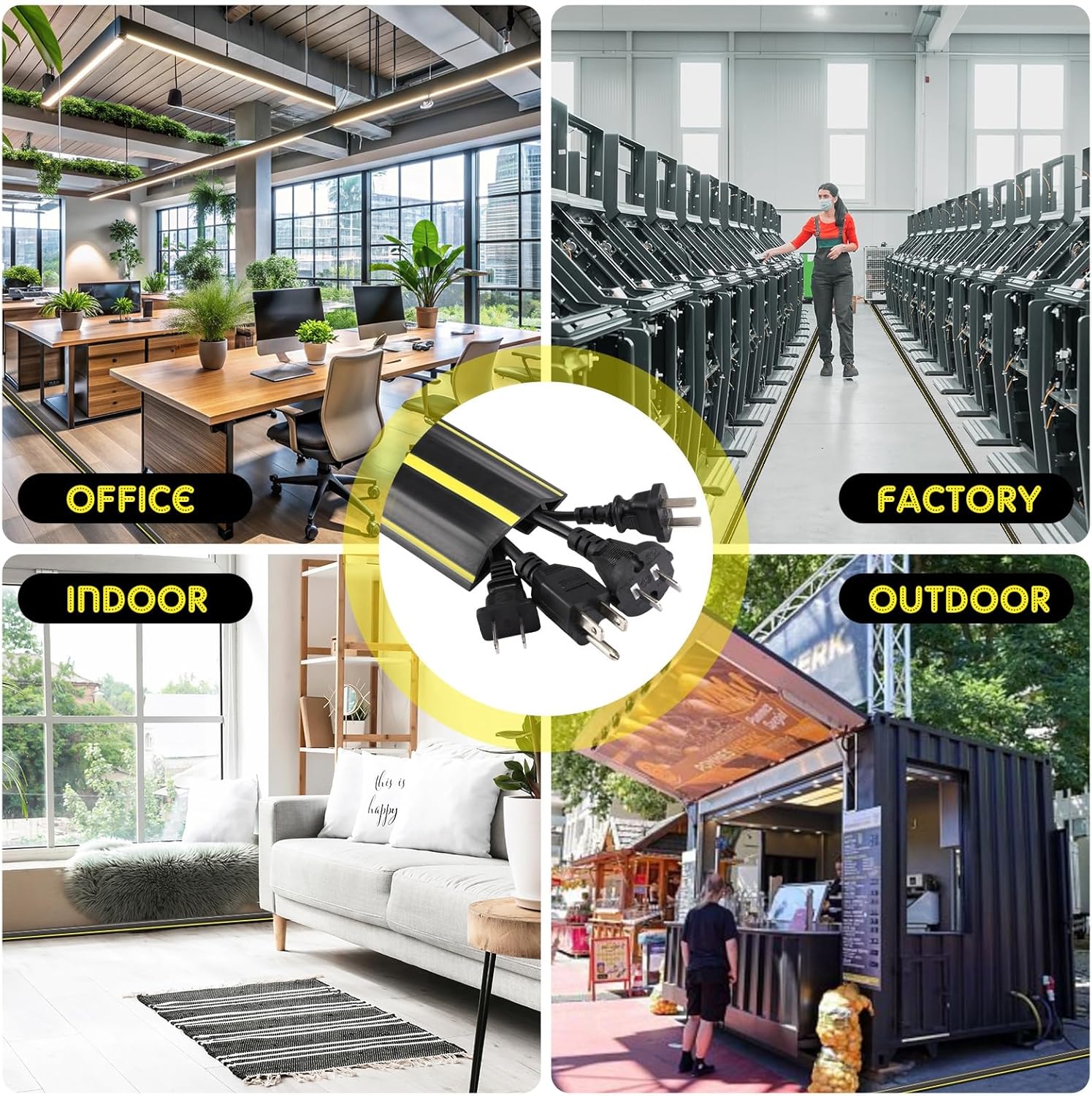 Pangda 20 FT Floor Cable Cover Heavy Duty Cord Cover Protector Power Cable Protector Soft Extension, Organize and Protect Wire on Floor for Home Office or Outdoor Settings (Black, Yellow)