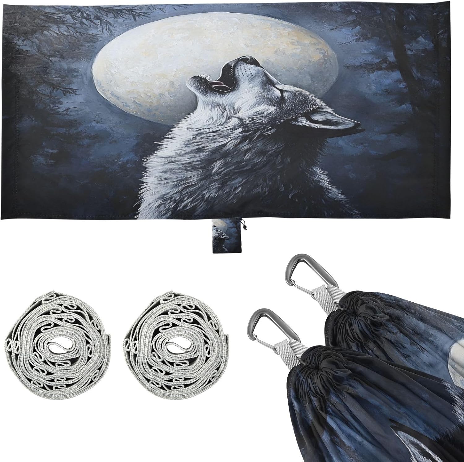ALAZA Wolf Moon at Night Camping Hammocks Single or 2 Person 500 lbs Portable Parachute Travel Hammock w/Tree Straps for Hiking Backpacking Indoor Outdoor