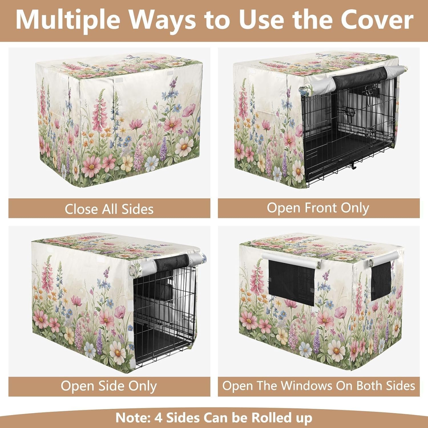 Vivid Herbs Wildflowers Dog Crate Cover 600D Oxford Pet Kennel Cover with Mesh Window for Dog Cages, Windproof Waterproof Machine Washable, 48"x30"x33"