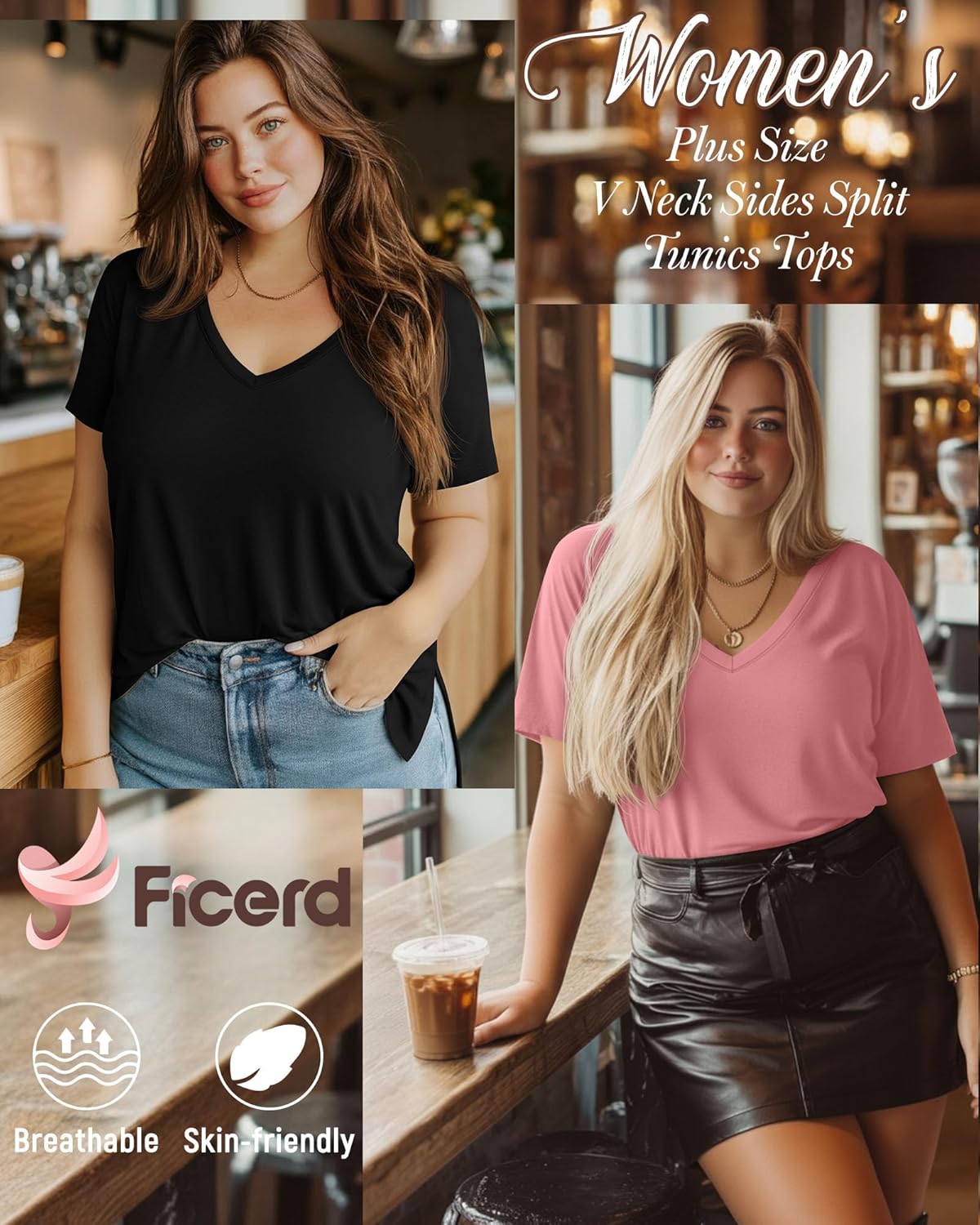 Ficerd 3 Pack Plus Size V Neck T-Shirts for Women, Short Sleeve Split Side High Low Hem Tunics Tops Basic Summer Tee Blouses - Image 4
