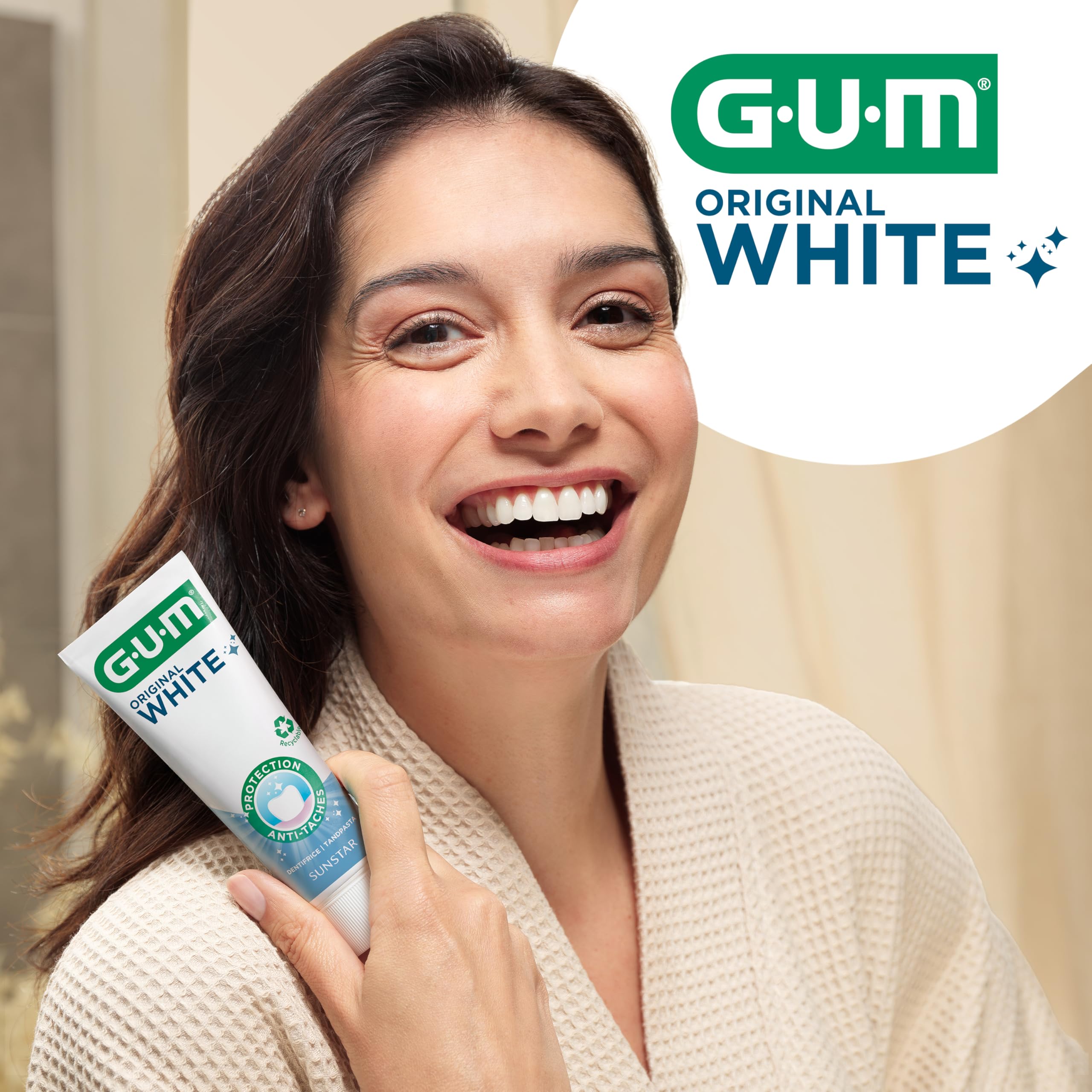 GUM Pasta de dientes blanca original | restaura la blancura original de los dientes sin ingredientes nocivos | Fluoruro e isomalt protegen el esmalte | 6 x 75