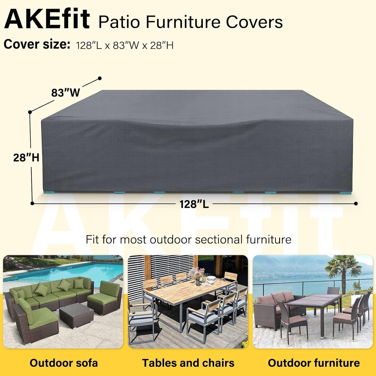 AKEfit Patio Furniture Covers,500D Heavy Duty Waterproof for Outdoor Square and Retangle Patio Table and Chair Covers,Grey-110"L x 84"W x 28"H - Image 2
