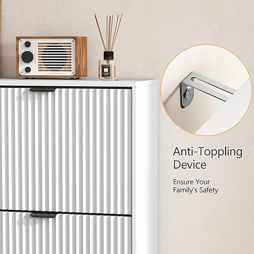 Miniatura 7 de Armario de zapatos para entrada con 2 cajones abatibles, armario de zapatos acanalado blanco con almacenamiento abierto, zapatero oculto de madera