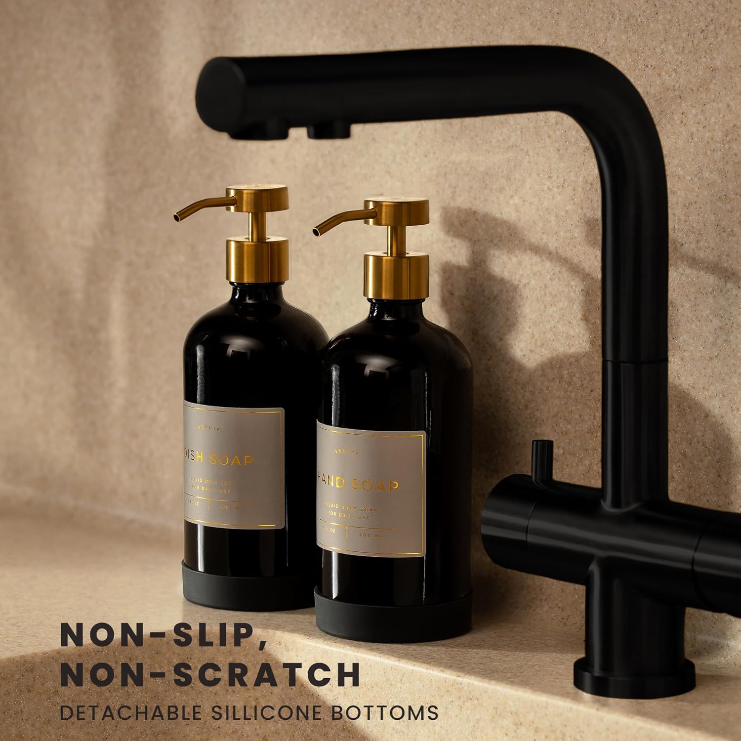 Hand and Dish Soap Dispenser for Kitchen and Bathroom, Set of 2 16 Oz Glass Bottles, Stainless Steel Pumps, Non-Slip Silicone Base, 27 Waterproof Labels (Gloss Black Bottle/Brushed Gold Pump) - Image 2