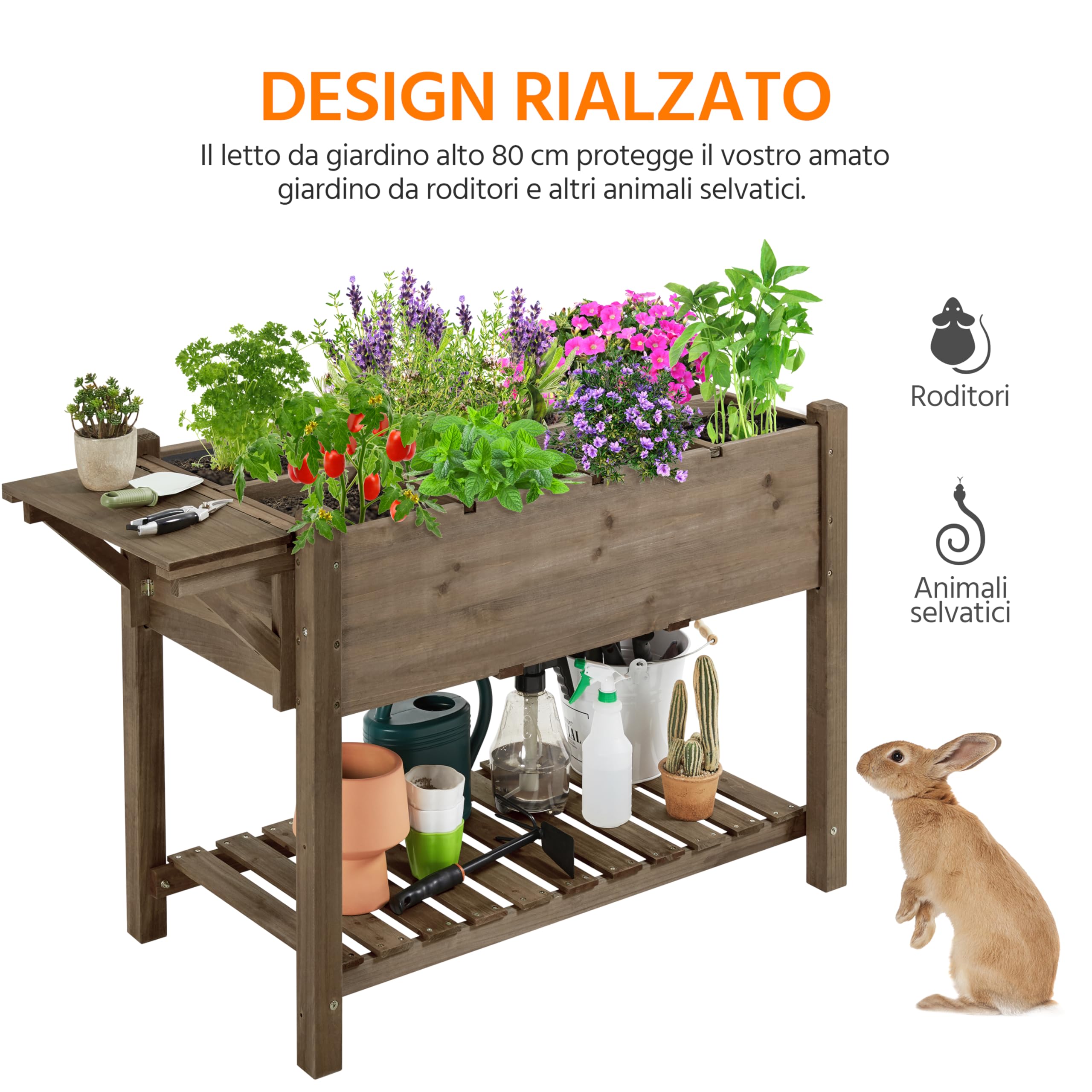 Yaheetech Fioriera/Aiuola Rialzata Orto Balcone da Esterno Giardino Alta in Legno Naturale Lettino per Piante Giardino con Ripiano Pieghevole e Griglia 8 Scompatimenti 123,5 x 54 x 80 cm