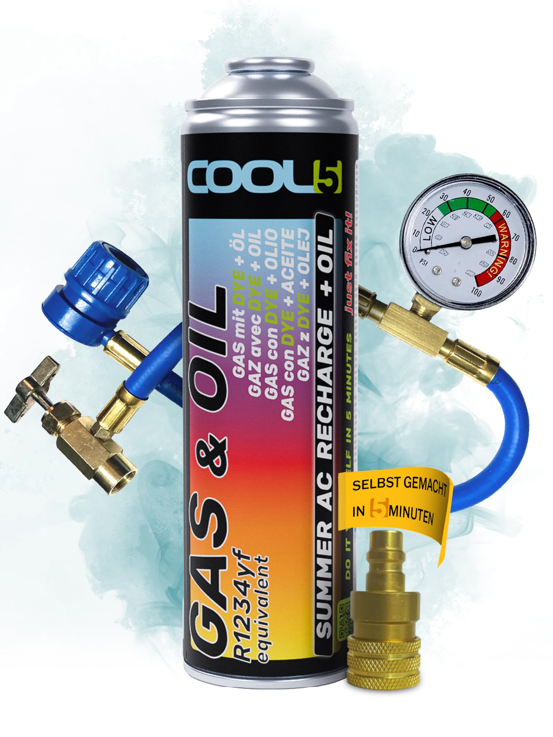 Ersatzkältemittel r1234yf für Autoklimaanlagen – 1 Dose 2in1, 290g + Druckleitung mit Manometer + Adapter