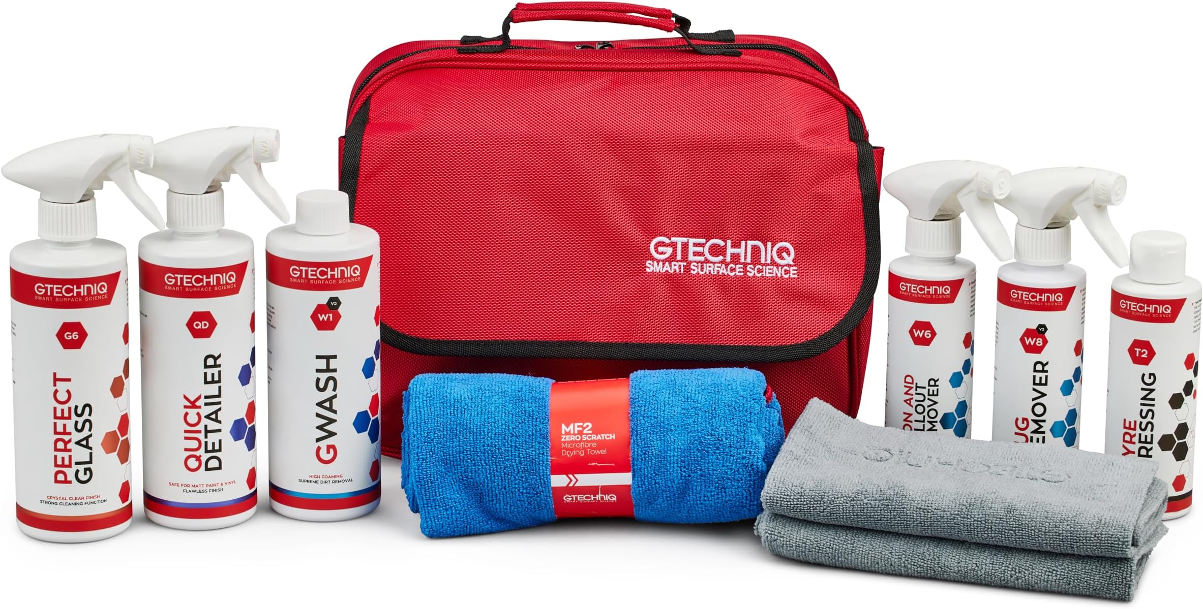 Gtechniq Essential Maintenance Kit - Includes GWash, Quick Detailer, Tyre Dressing, Zero Scratch Microfiber Drying Towel, ZeroR Buff Cloth, Bug Remover, Fallout Remover, Perfect Glass Branded Kit Bag