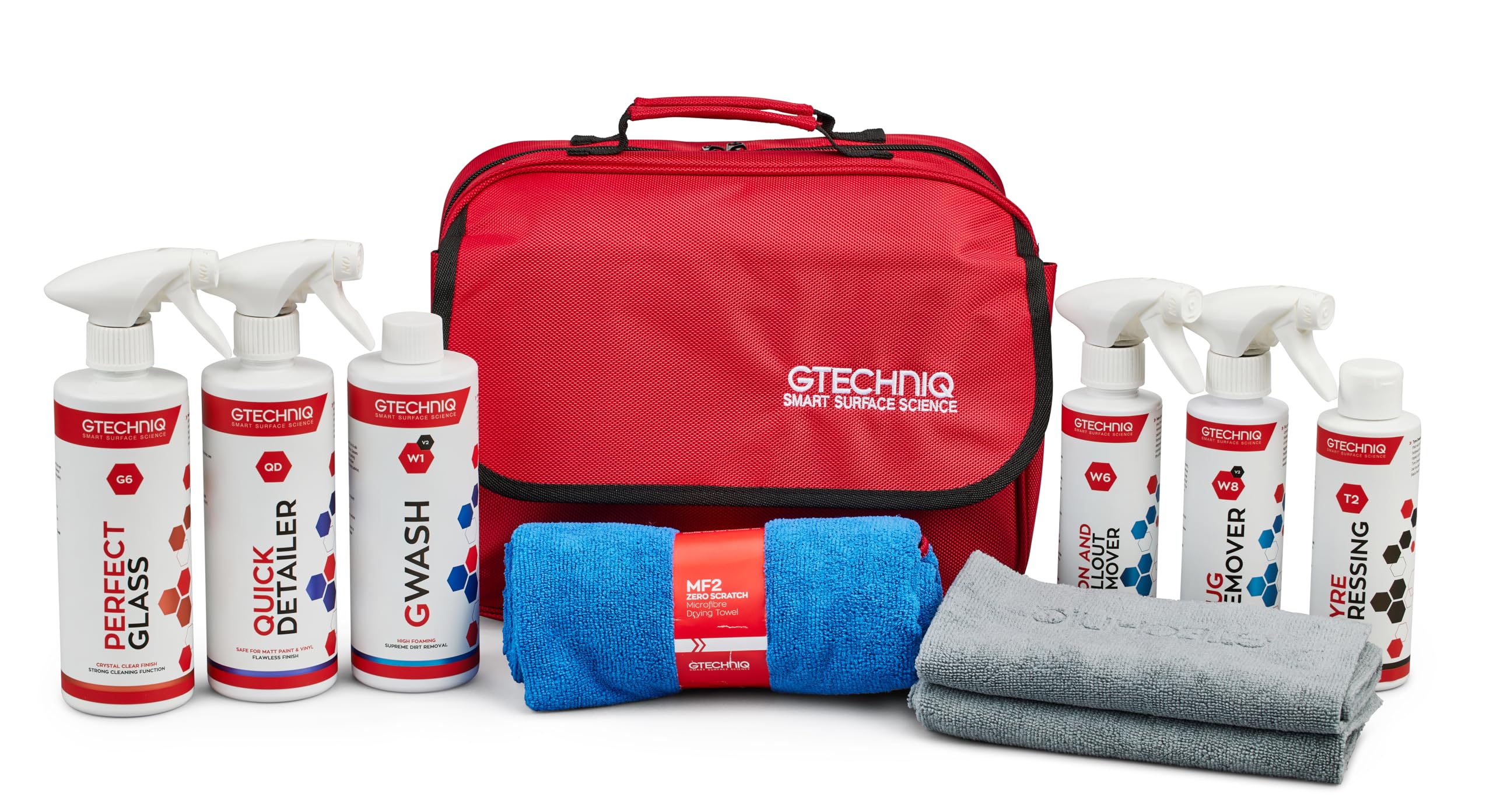 Gtechniq Essential Maintenance Kit - Includes GWash, Quick Detailer, Tyre Dressing, Zero Scratch Microfiber Drying Towel, ZeroR Buff Cloth, Bug Remover, Fallout Remover, Perfect Glass Branded Kit Bag