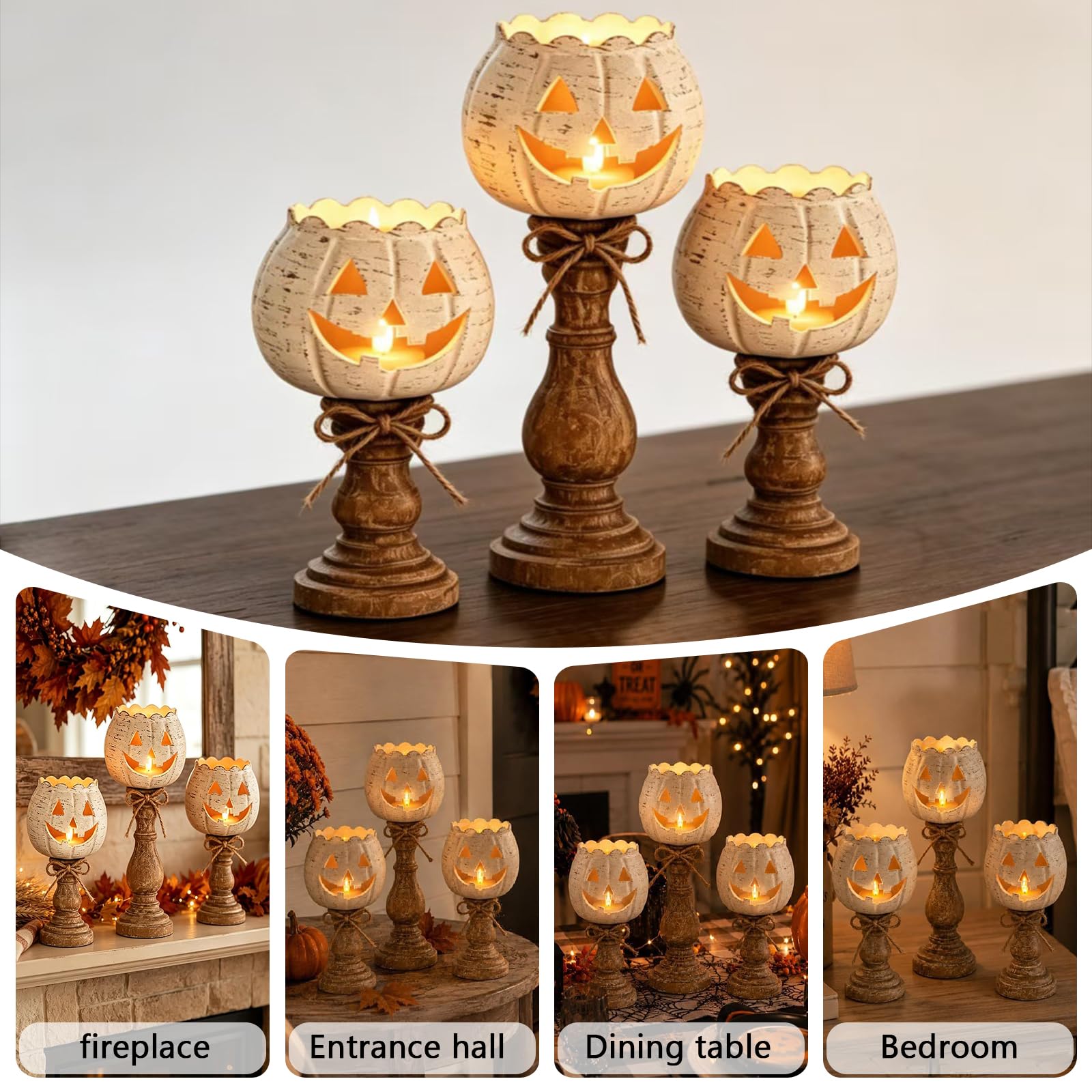 Portavelas Calabaza Halloween 3Pzs, Decoración Otoño y Halloween Rústica