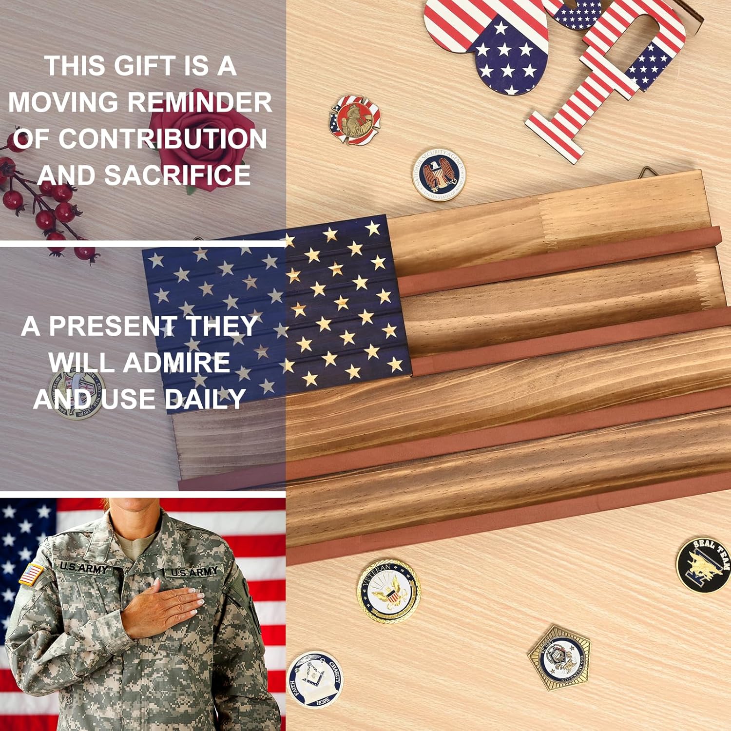 Challenge Coin Display, American Us Flag Challenge Coin Holder, Handmade Wooden Coin Collection Wall Stand, Military Coin Case Display for Police,veteran, Patriotic Decor