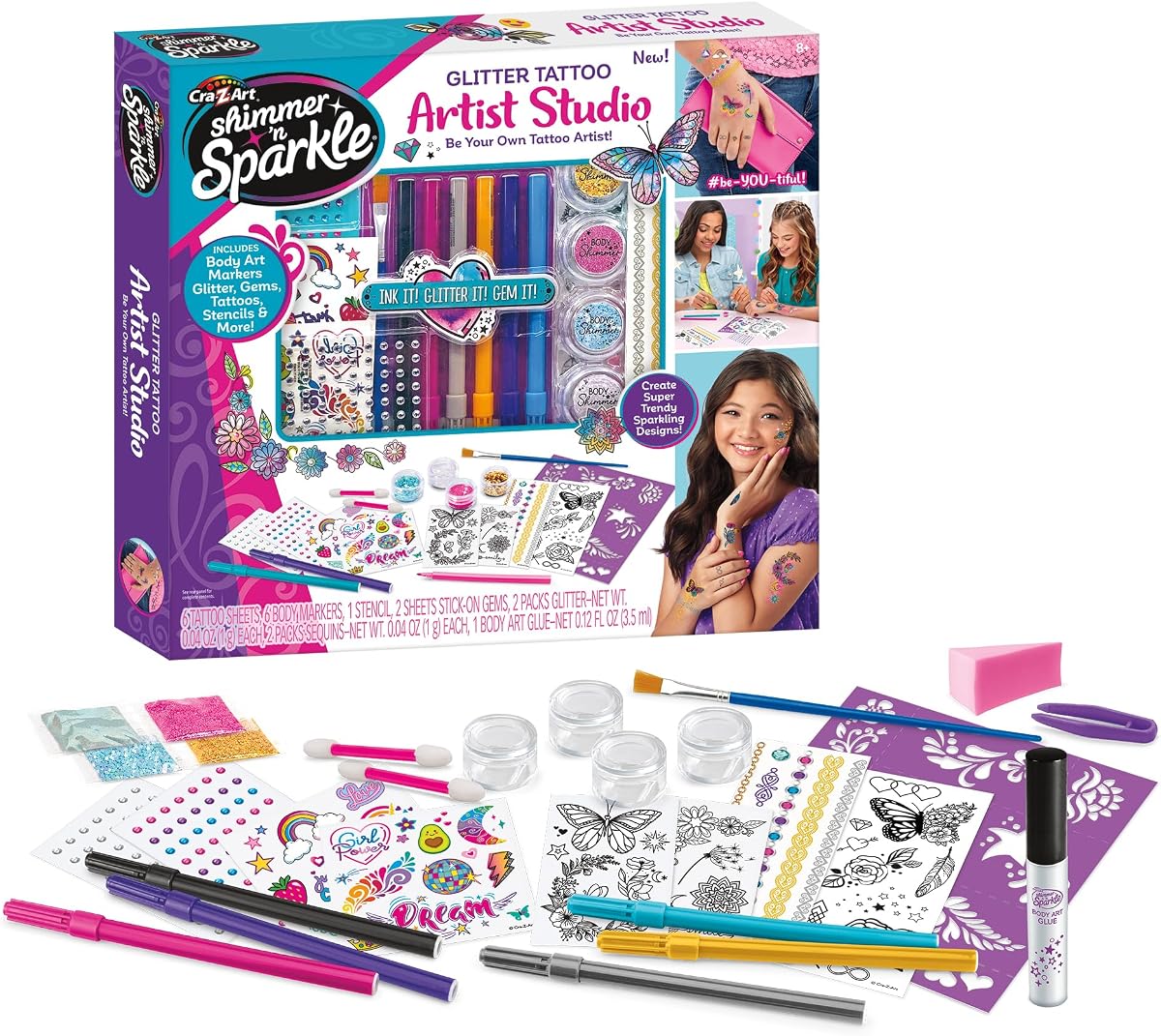 Shimmer 'n Sparkle Glitter Tattoo Artist Studio | Body Art Kit, Non-Toxic, Body Markers, Glitter & Gems, DIY Tattoo Design, Arts & Crafts, Birthday Gift