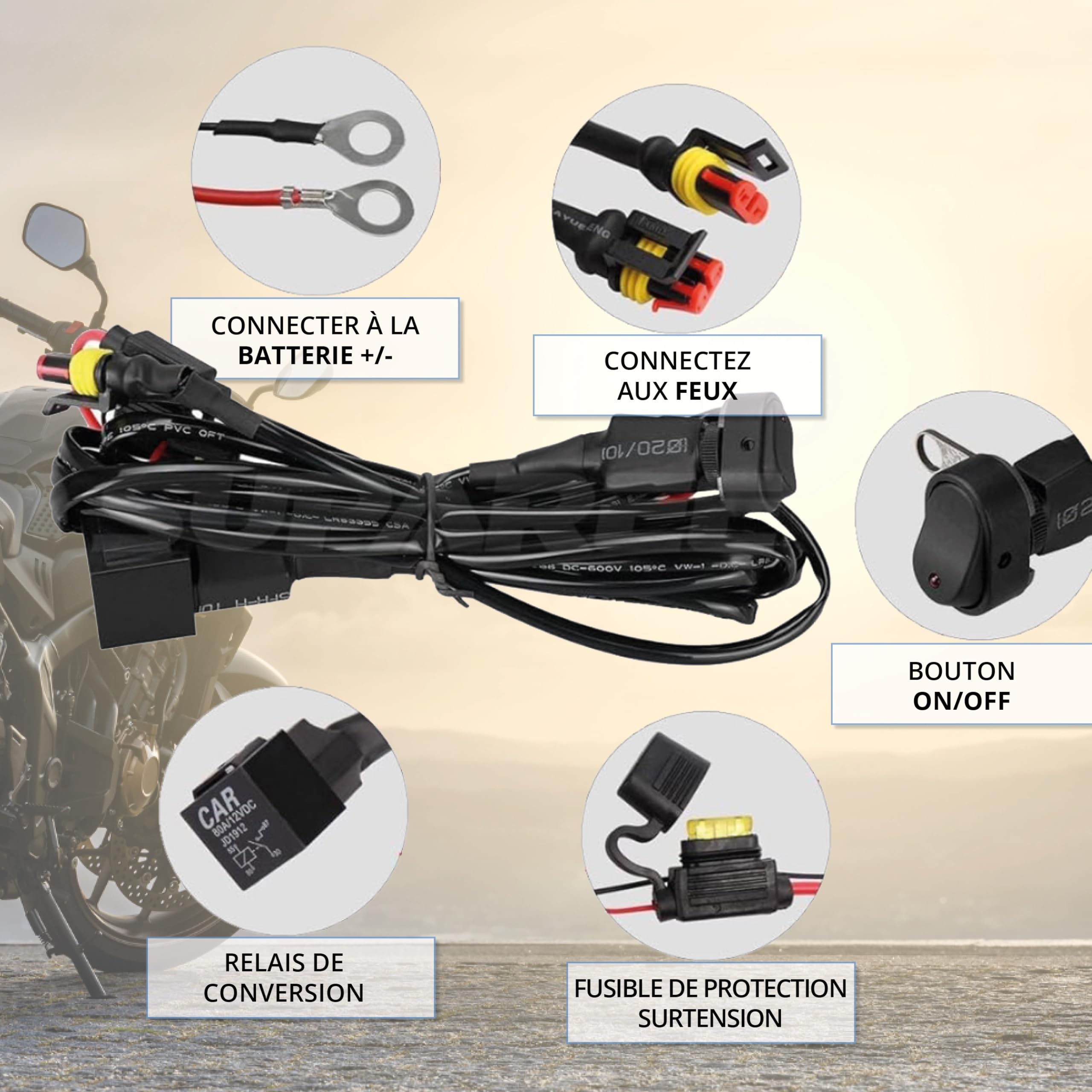 PASSION MOTO Feux Additionels LED Antibrouillards Longue portée Moto Quad 6000LM Puissant + Grille de protection + Faisceaux de câblage avec relais CNC IP68