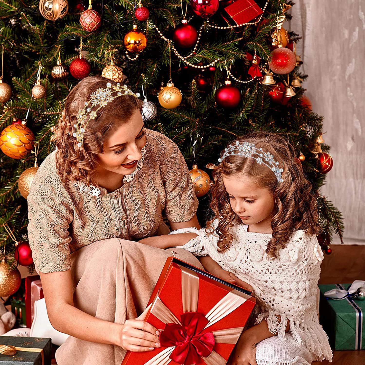HEIDKRUEGER Haarreif für Damen, Weihnachts- und Neujahrs-Stirnband für Damen, festlicher Urlaubsparade, Haarreif (Schneeflocke/Gold)