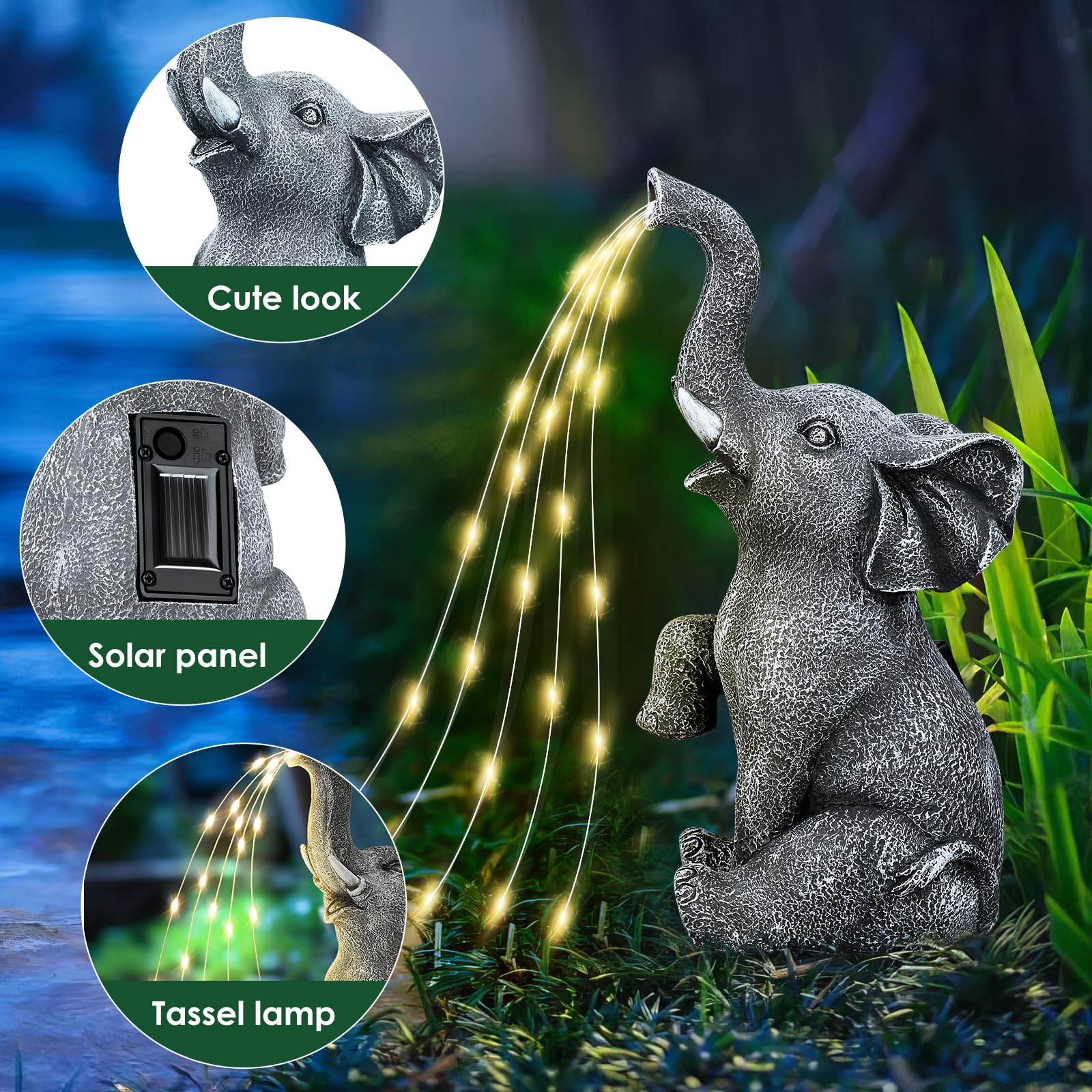 Elefanten Solarlampe Für Garten – Harz-Statue Mit Solarlaterne, Automatisches Aufladen, Wasserfest